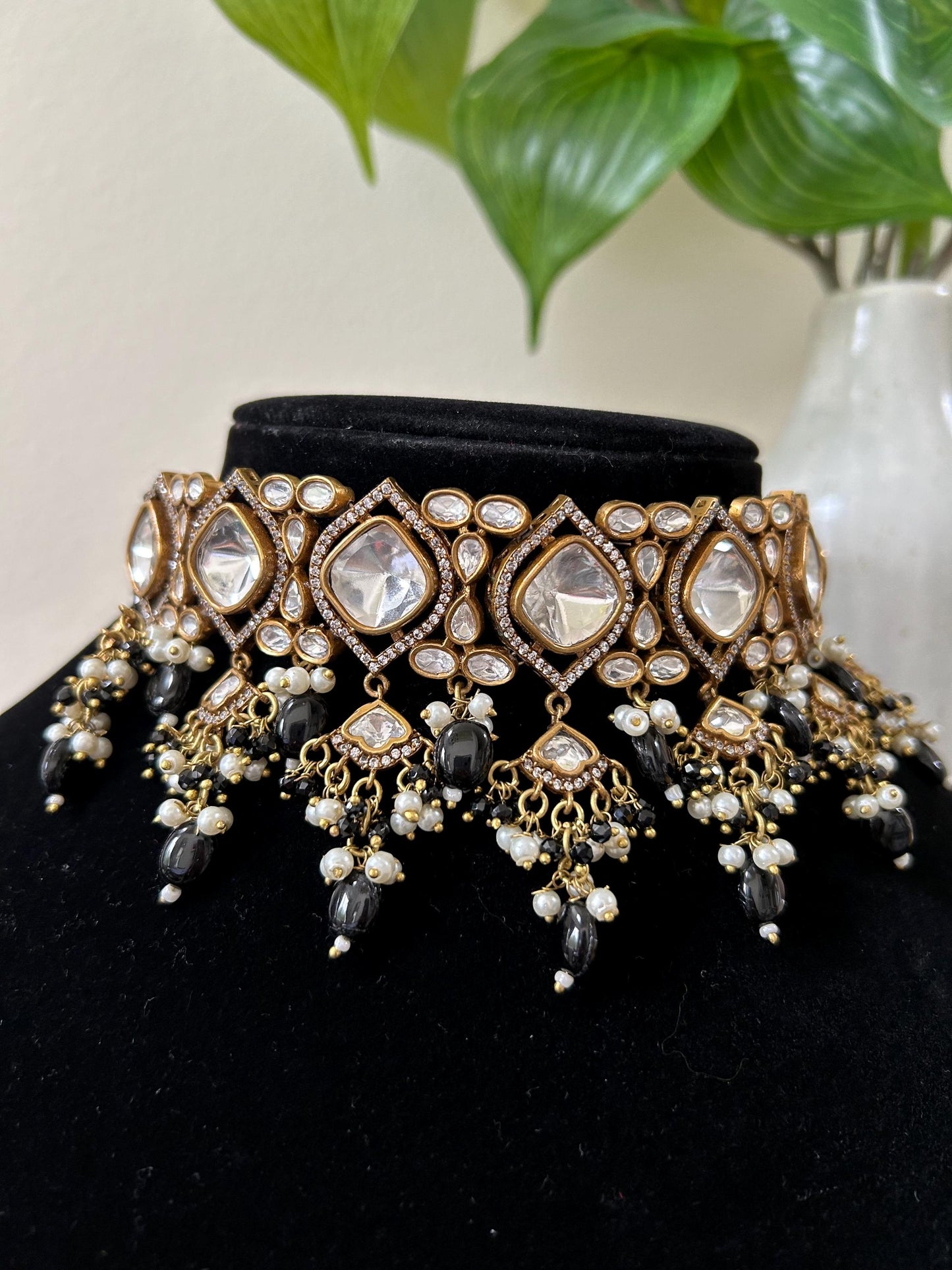 Black beads choker necklace set with Mossanite, adjustable gold polished