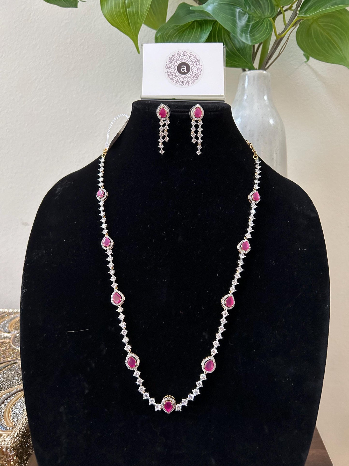 American Diamonds zirconia long necklace set purple stones
