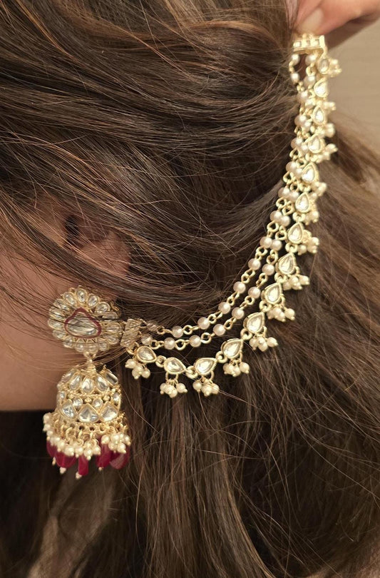 Red Jhumkas with ear chain, kaan chain earrings trendy light weight kundan pearls bahubali style