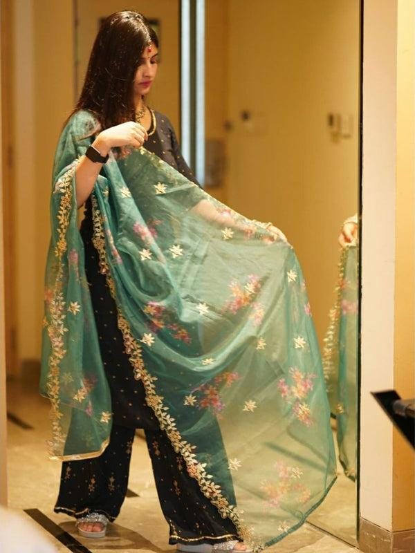 Digitally Printed & Embroidered Teal Organza Dupatta stole