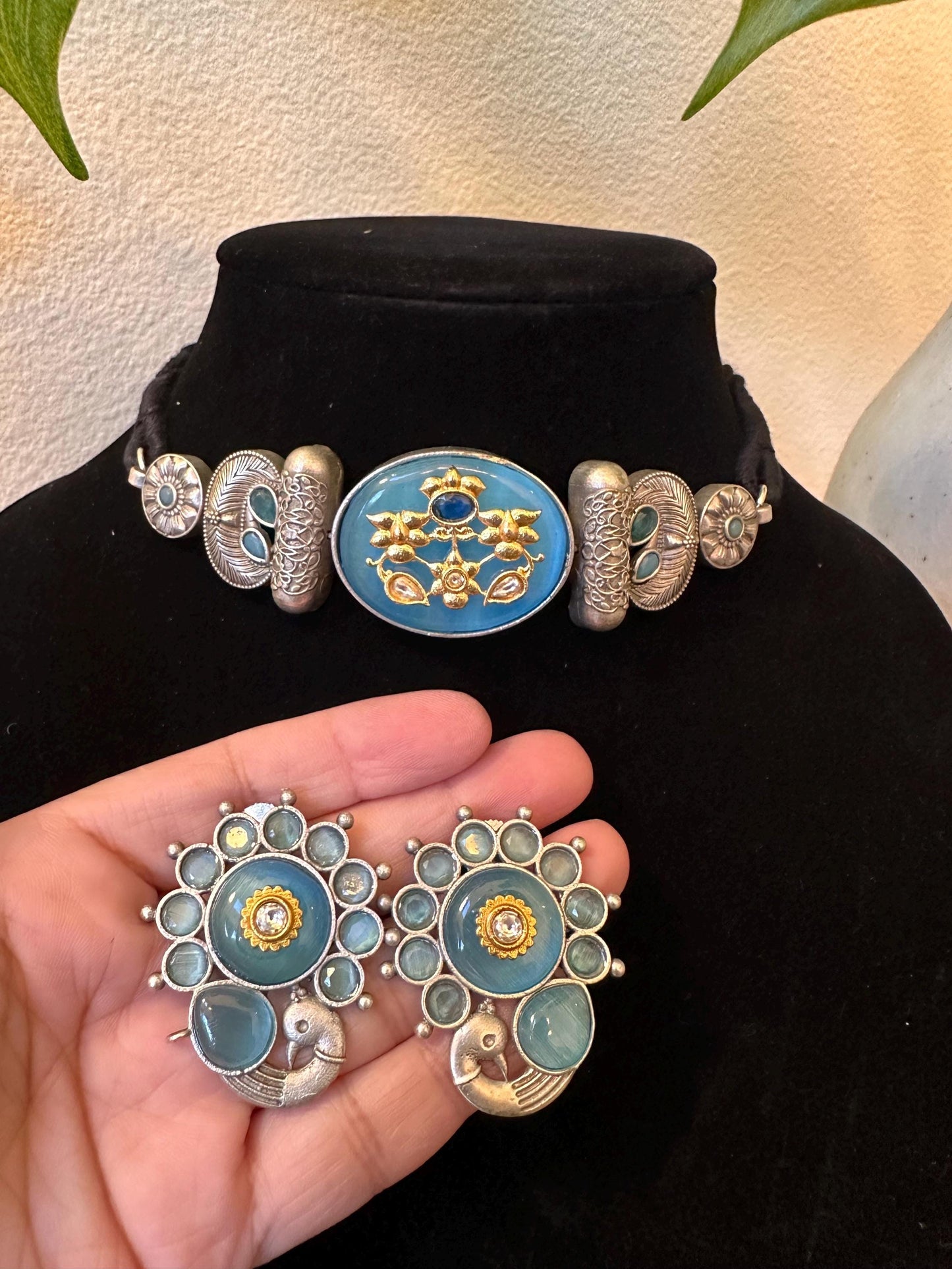 German silver necklace set choker blue, green and red trendy
