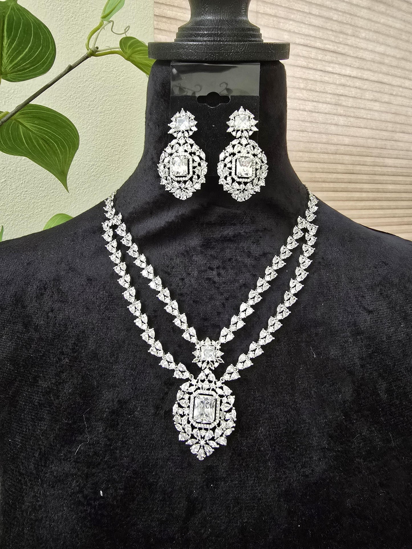 American diamonds long layered necklace set adjustable silver polished