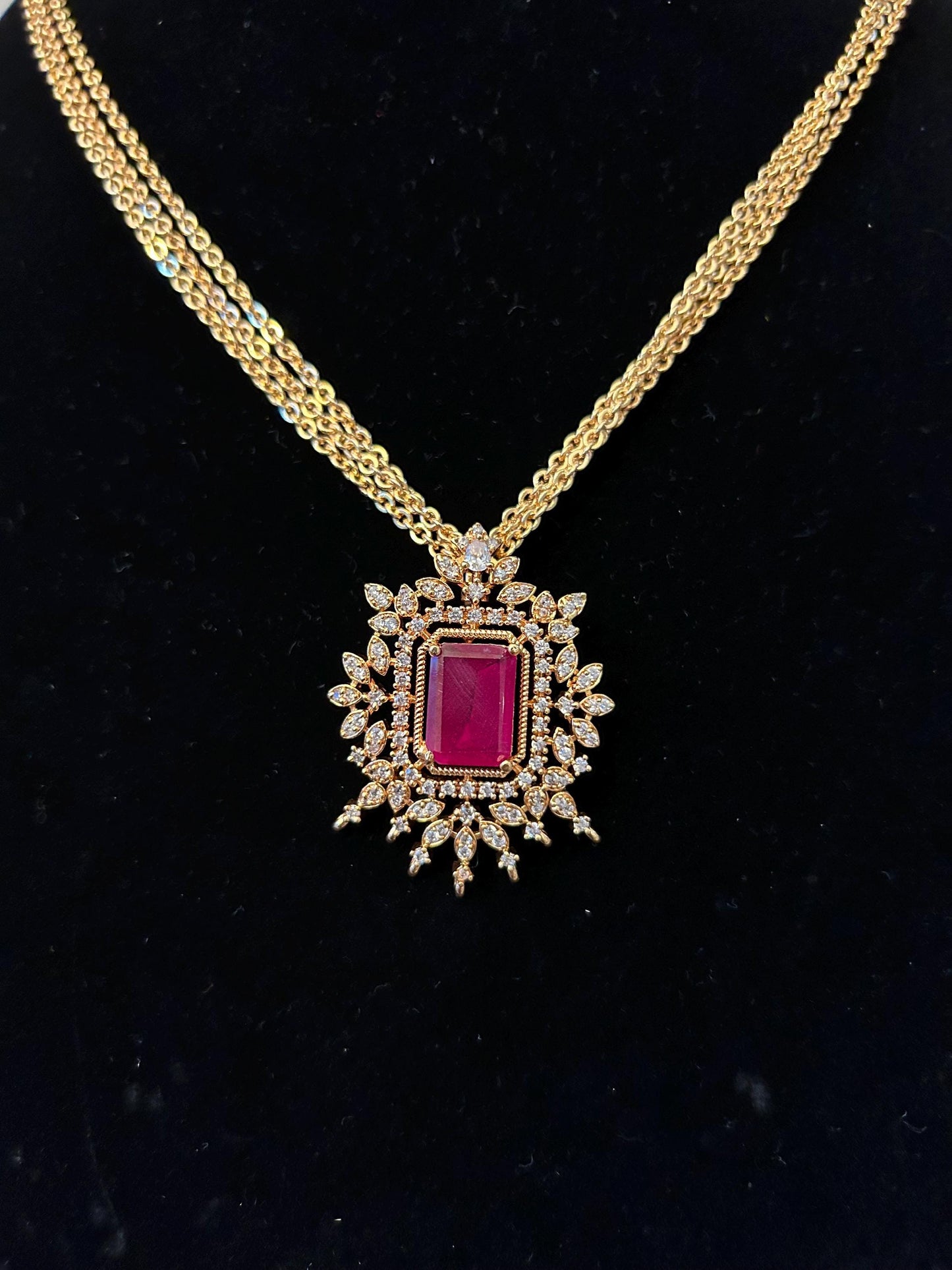 American Diamonds zirconia pendant and long chain necklace set purple stones