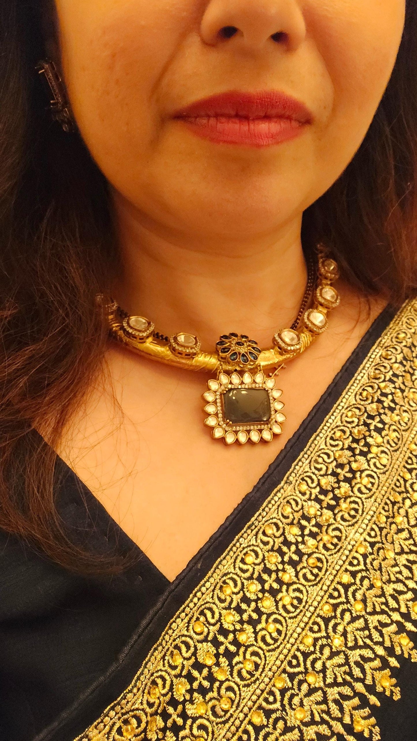 premium quality hasli necklace with doublet stones Mossanite and zirconia diamonds handmade gold blue red