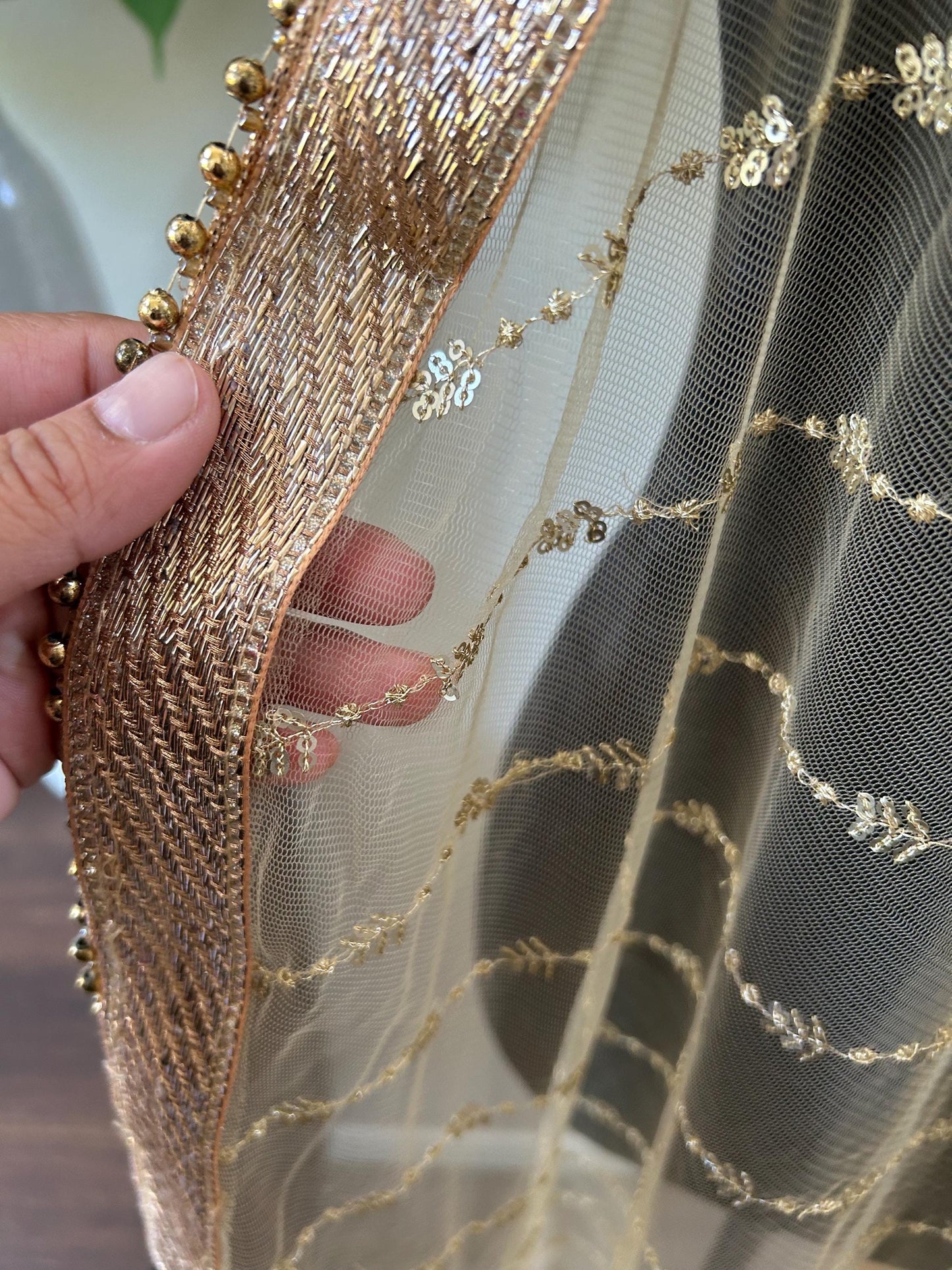 Embroidered Net fabric Dupatta Stole with lacework and sequin work lightweight gold color