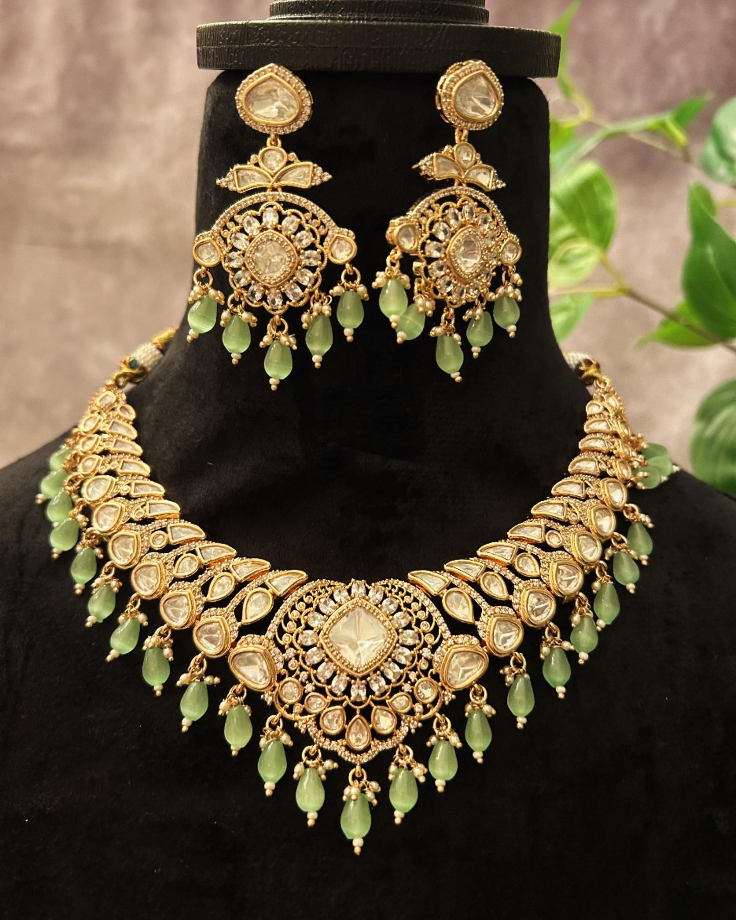 Janhavi Kapoor inspired Mint green Necklace set Mossanite, polki American diamonds adjustable gold polished