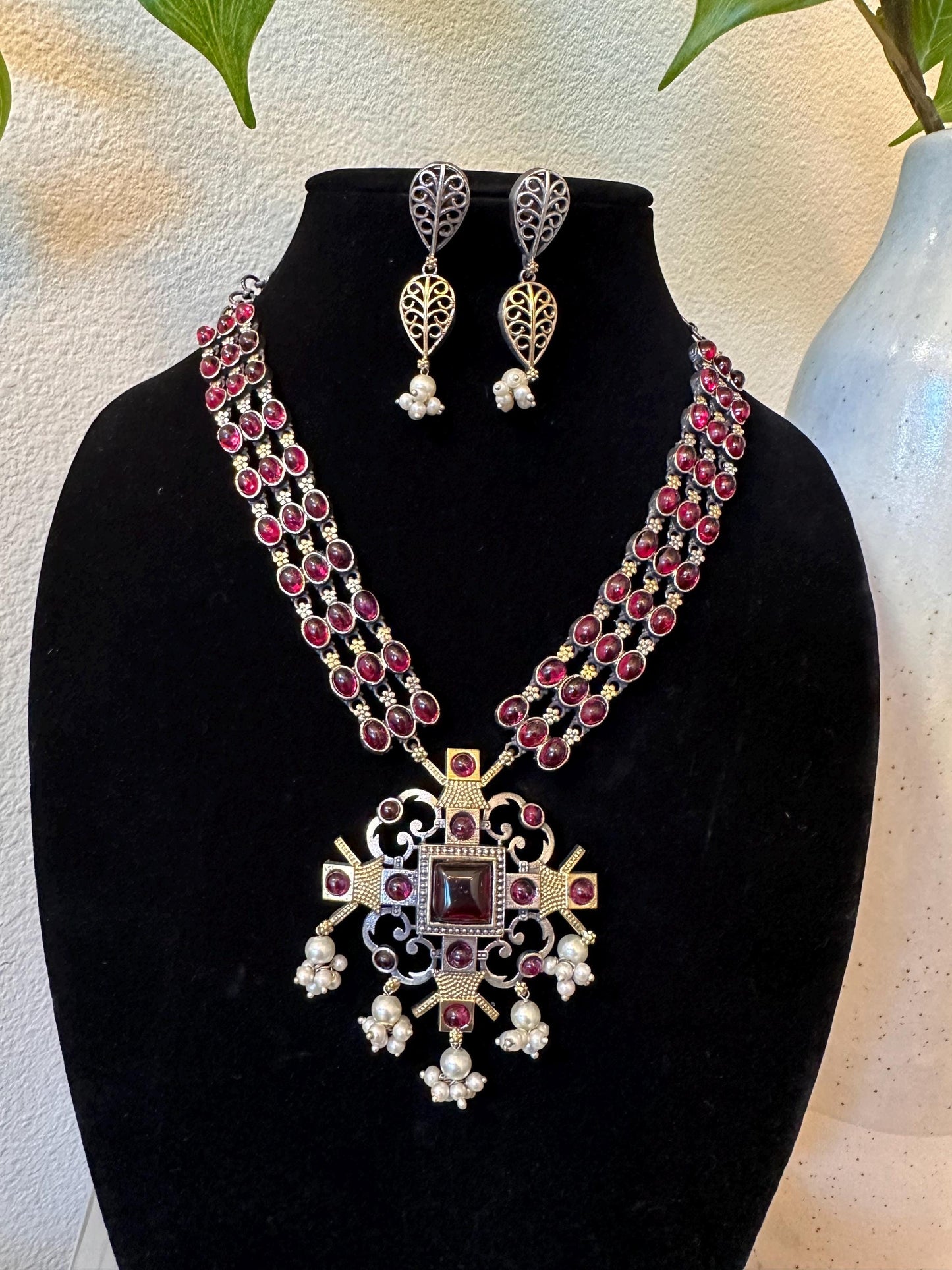 Oxidized necklace set silver gold German silver green blue