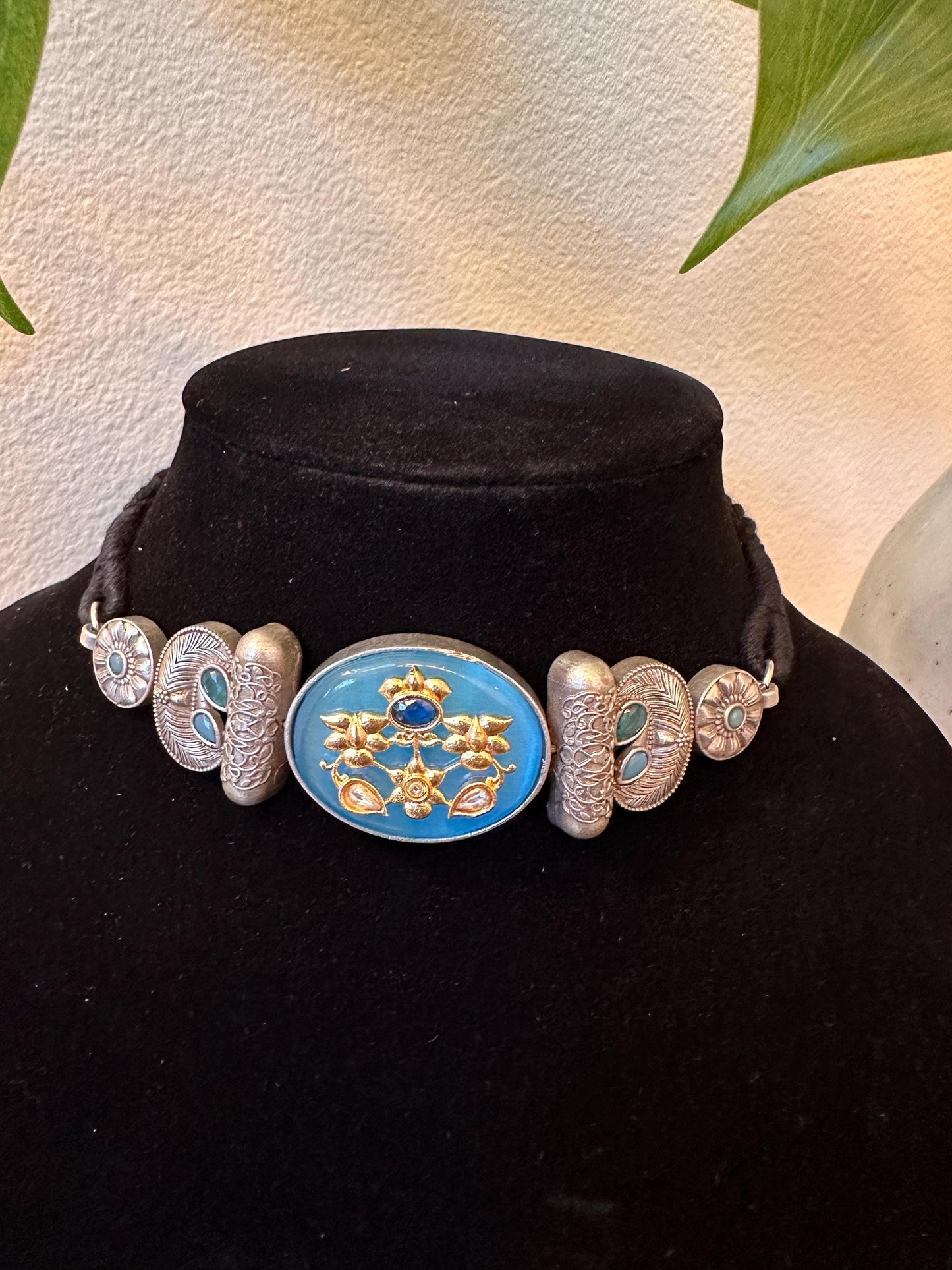 German silver necklace set choker blue, green and red trendy