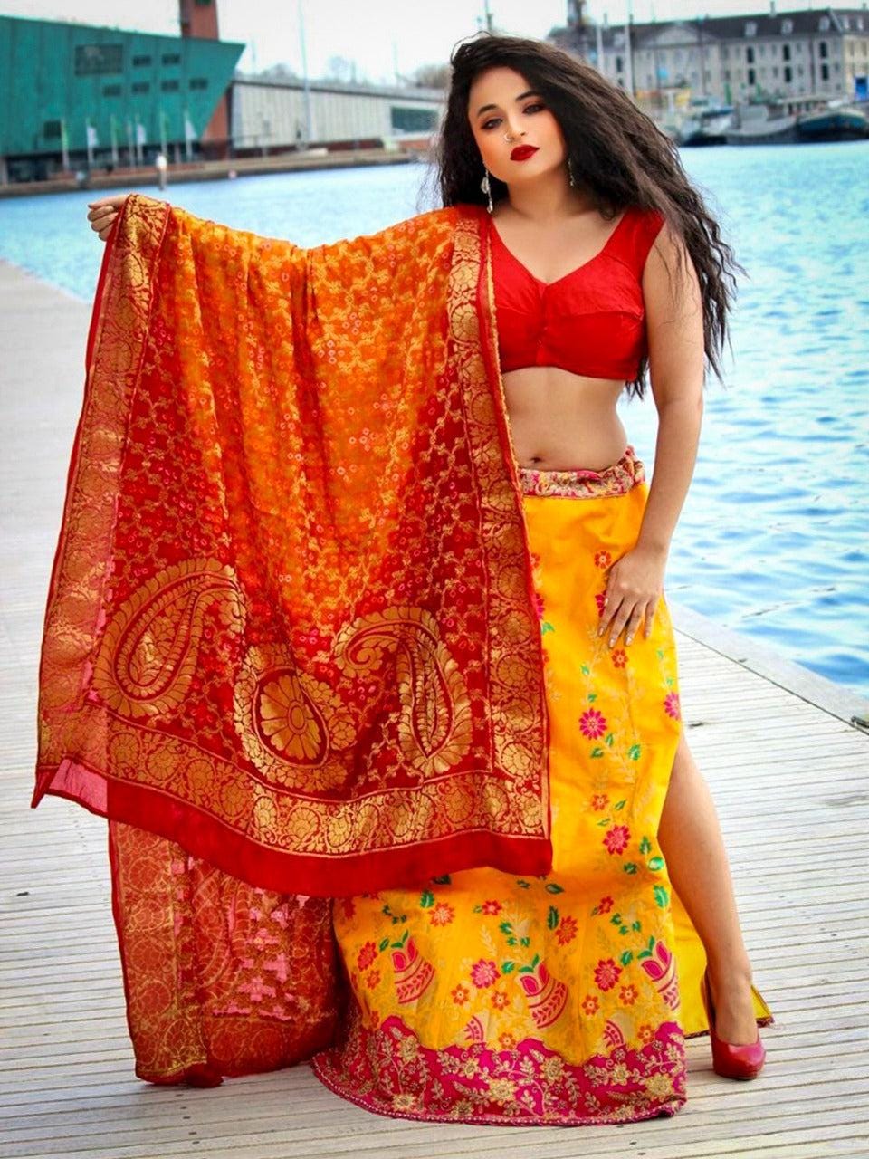 Red & Orange Banarasi Bandhej Gharchola Silk Dupatta