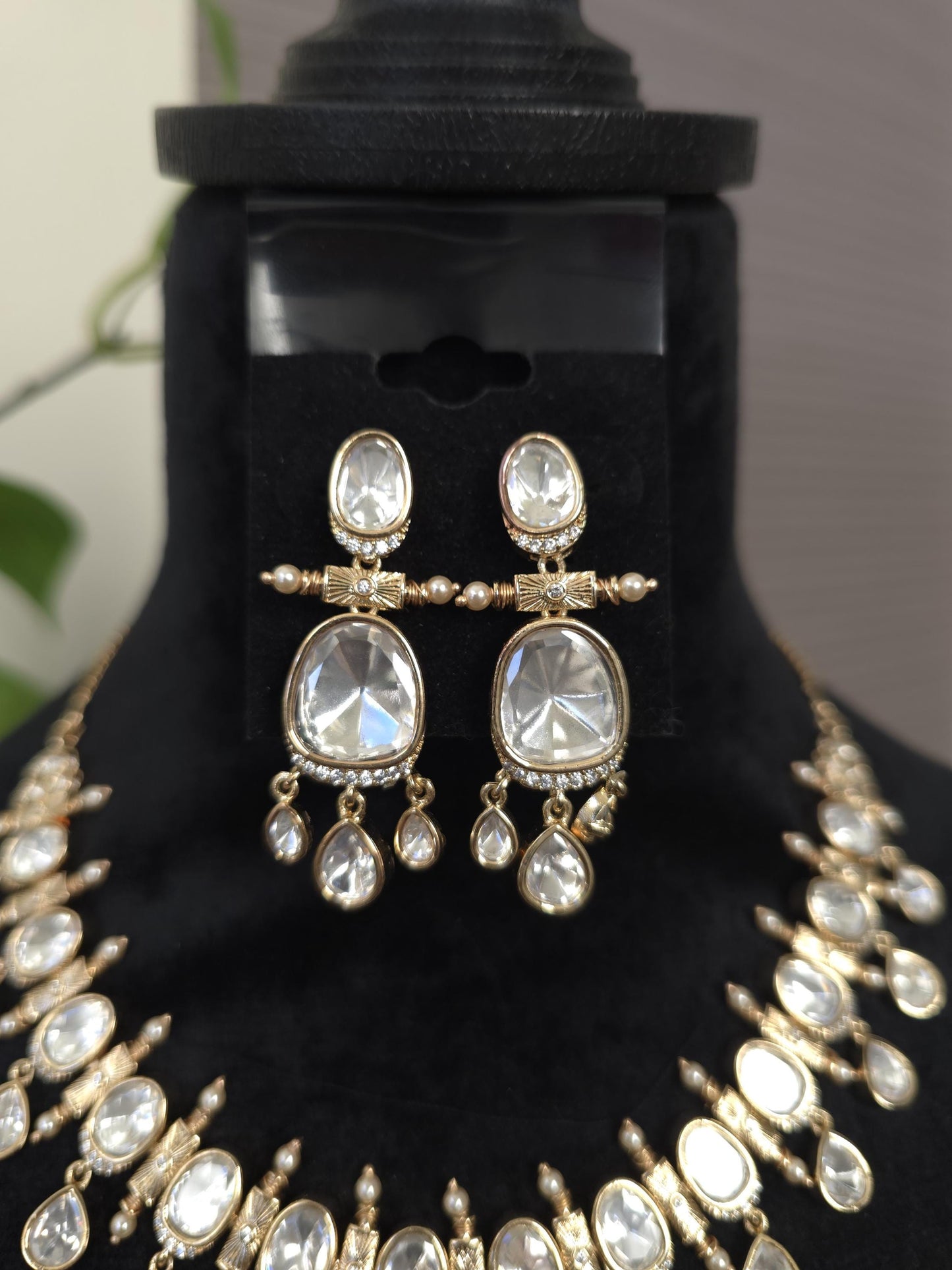 Mossanite Polki necklace set, American diamonds, adjustable gold polished