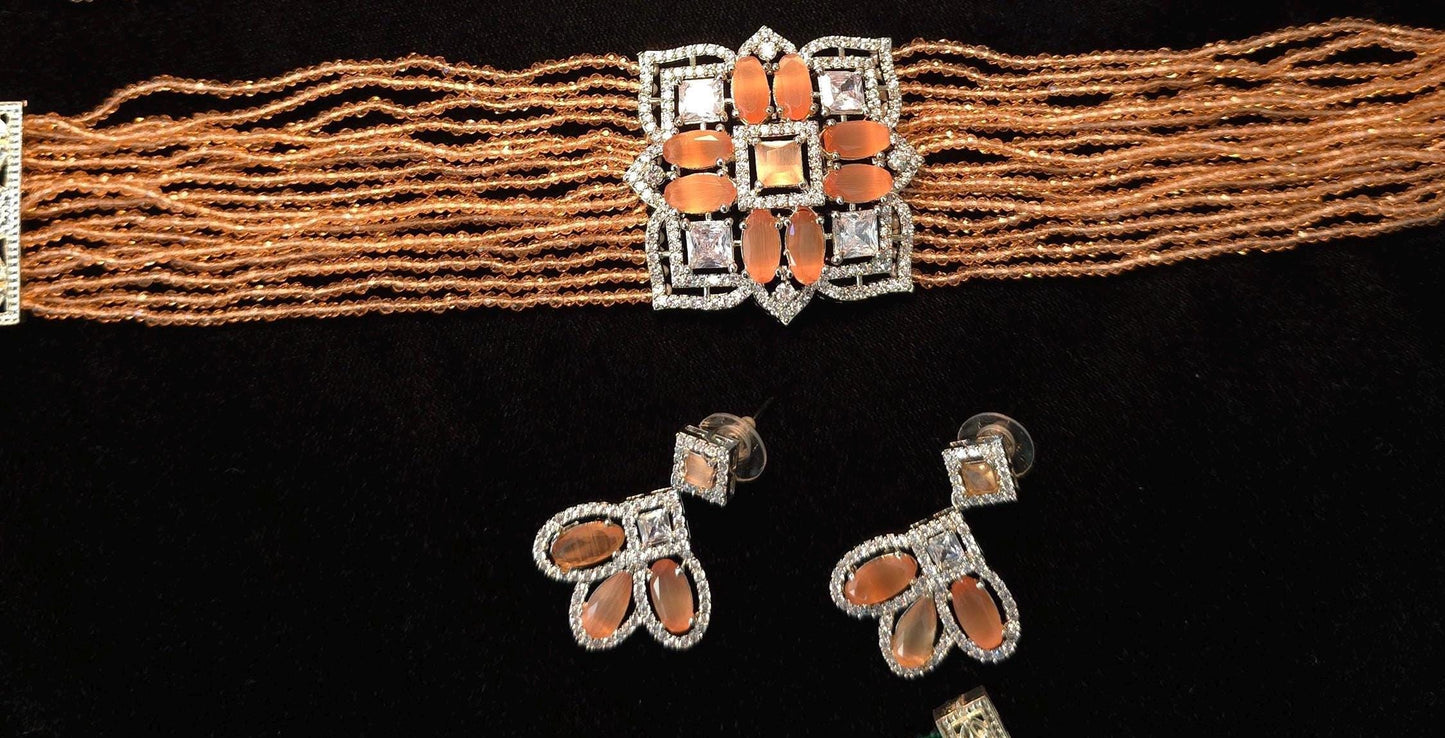 choker necklace set with American diamonds, adjustable gold polished