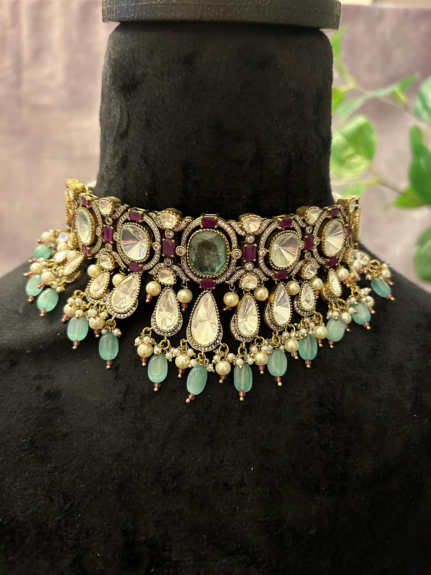 Sara Ali Khan inspired Doublet stone choker necklace set with Mossanite, polki American diamonds adjustable gold polished