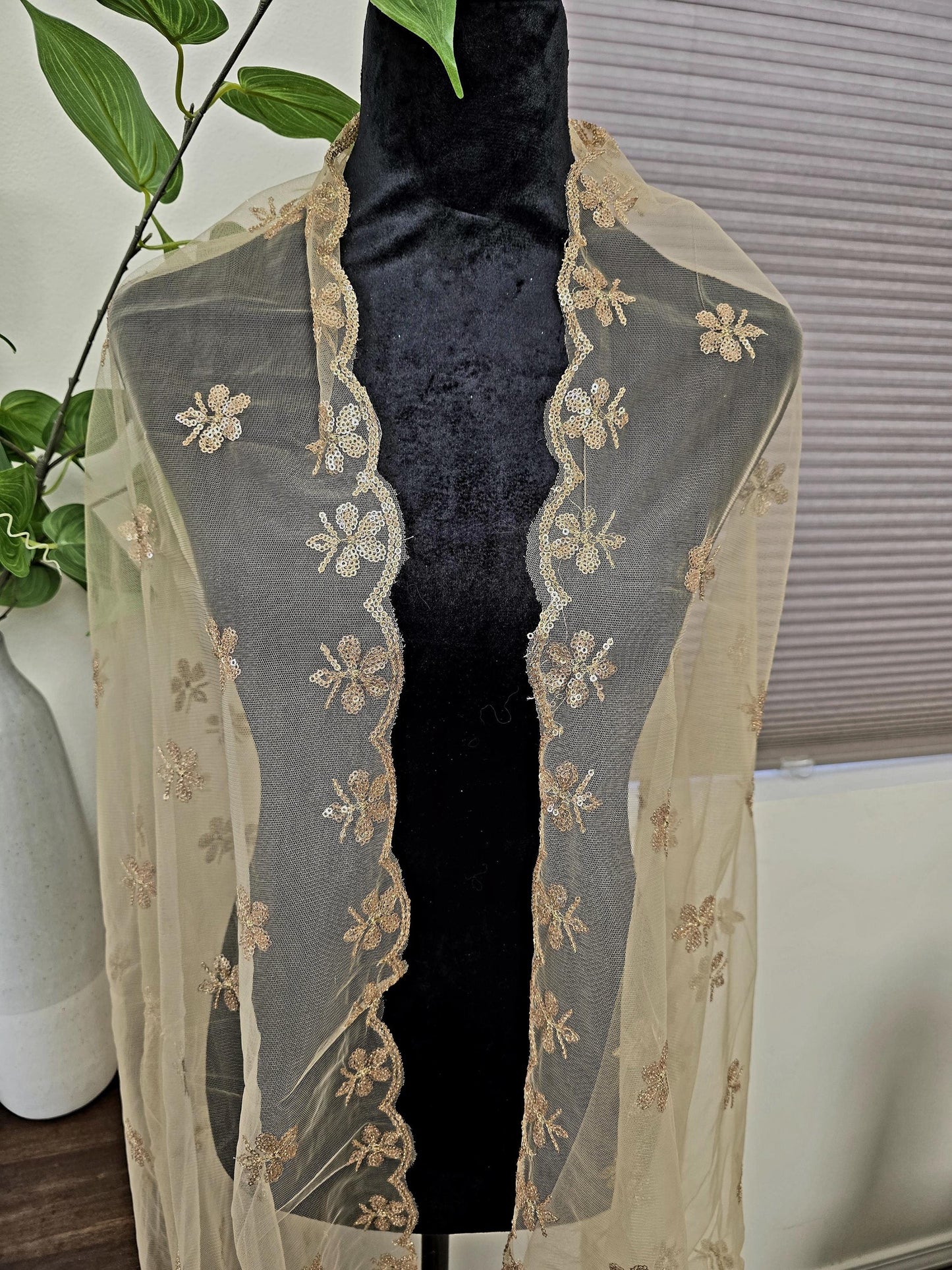 Jaal Embroidered Gold Net Dupatta golden trendy delicate shawl stole