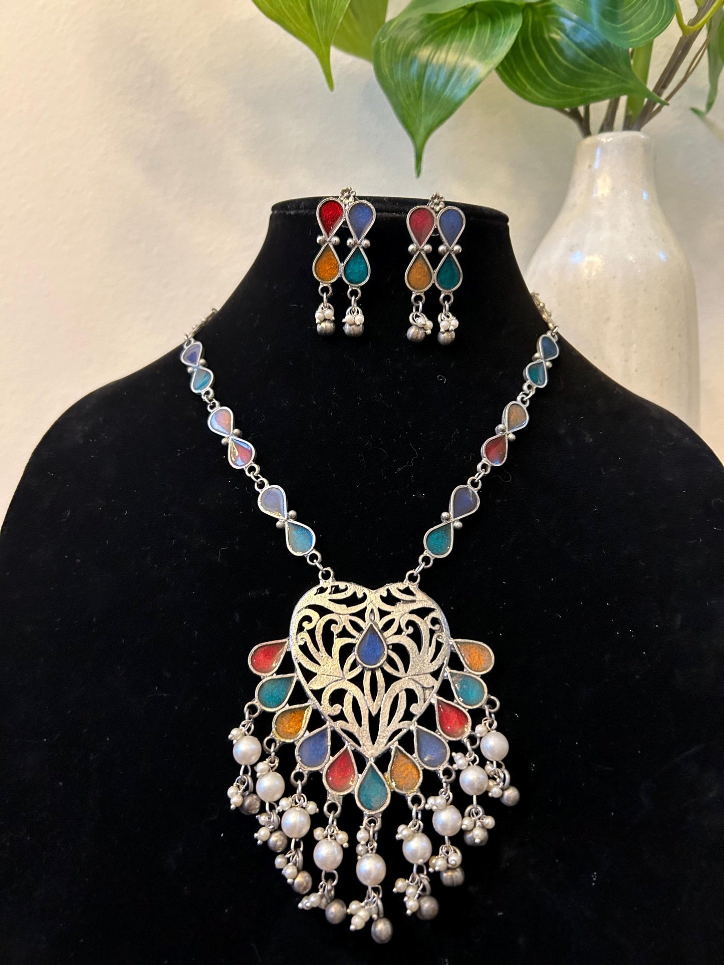 German silver necklace silver and green design
