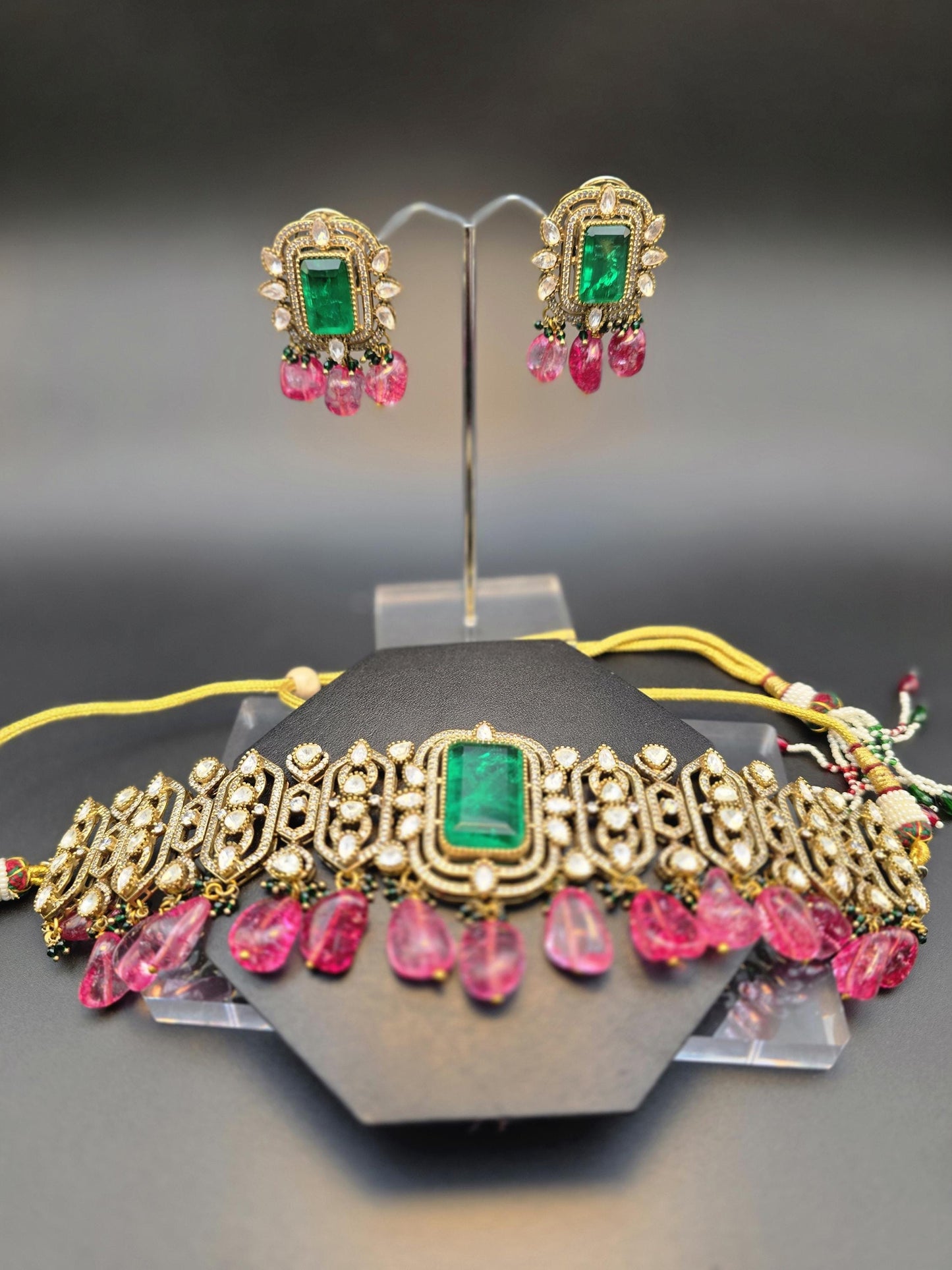 Semiprecious stone choker necklace set with Mossanite, polki American diamonds adjustable gold polished