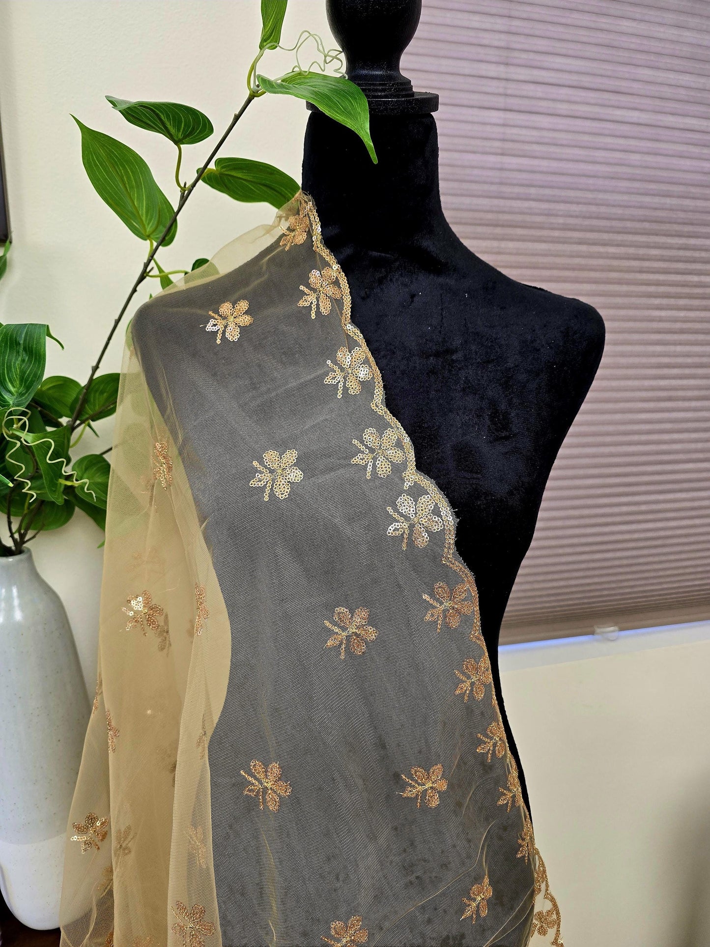 Jaal Embroidered Gold Net Dupatta golden trendy delicate shawl stole