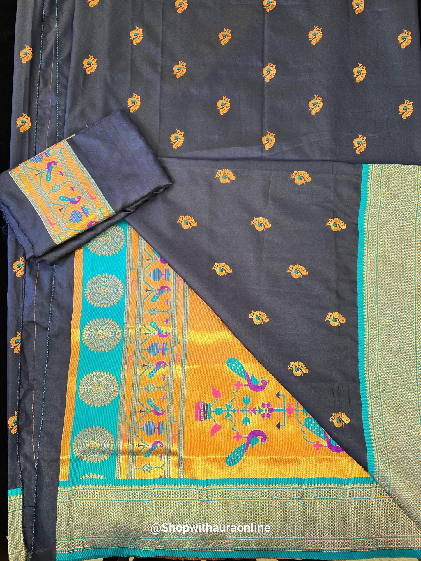 Paithani Silk Blue Traditional Wear Weaving Saree copper border