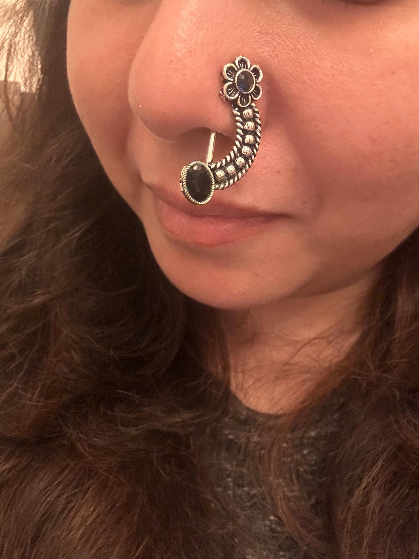 Maharashtrian Nath Pressing oxidized silver polished