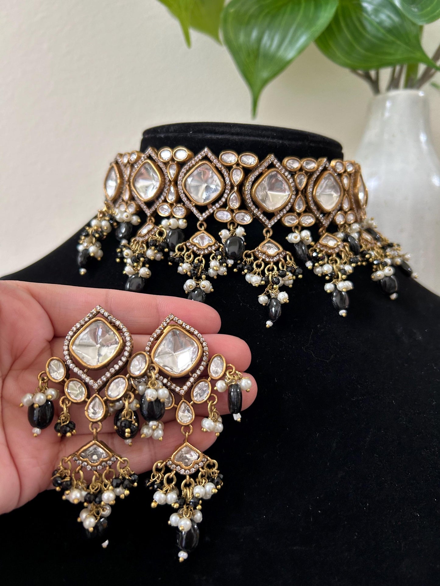 Black beads choker necklace set with Mossanite, adjustable gold polished