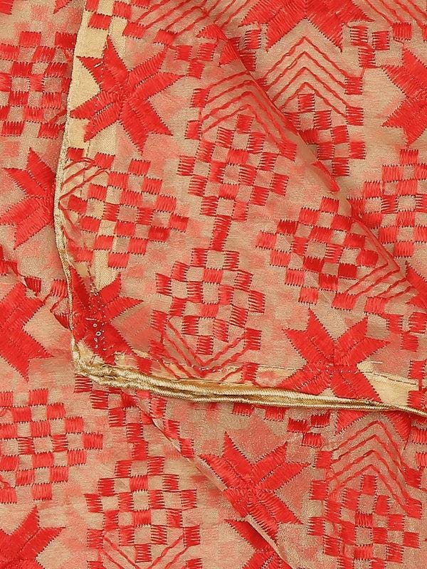 Women's Embroidered Organza Dupatta with Red Phulkari Embroidery stole