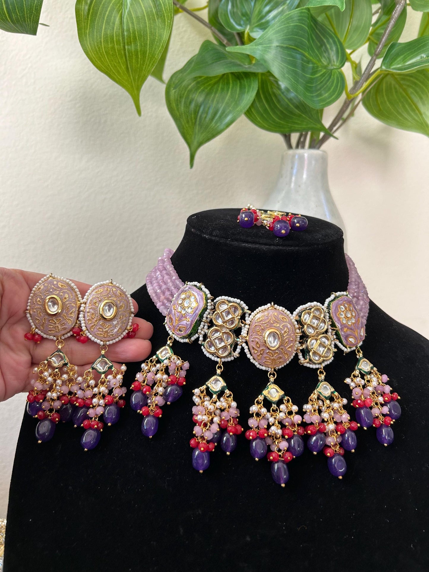 Premium choker necklace set with maang tikka, adjustable gold polished