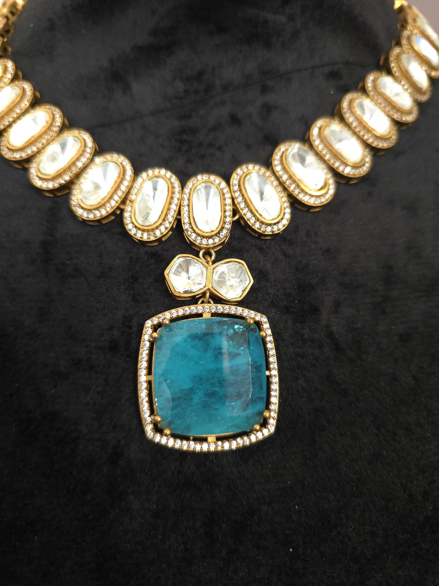 Doublet stone blue necklace set with Mossanite, American diamonds adjustable gold polished