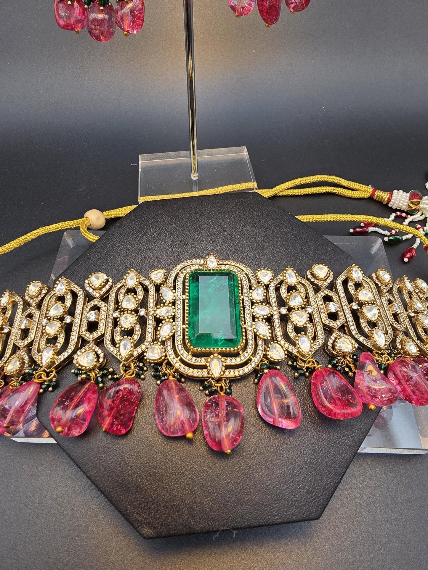 Semiprecious stone choker necklace set with Mossanite, polki American diamonds adjustable gold polished