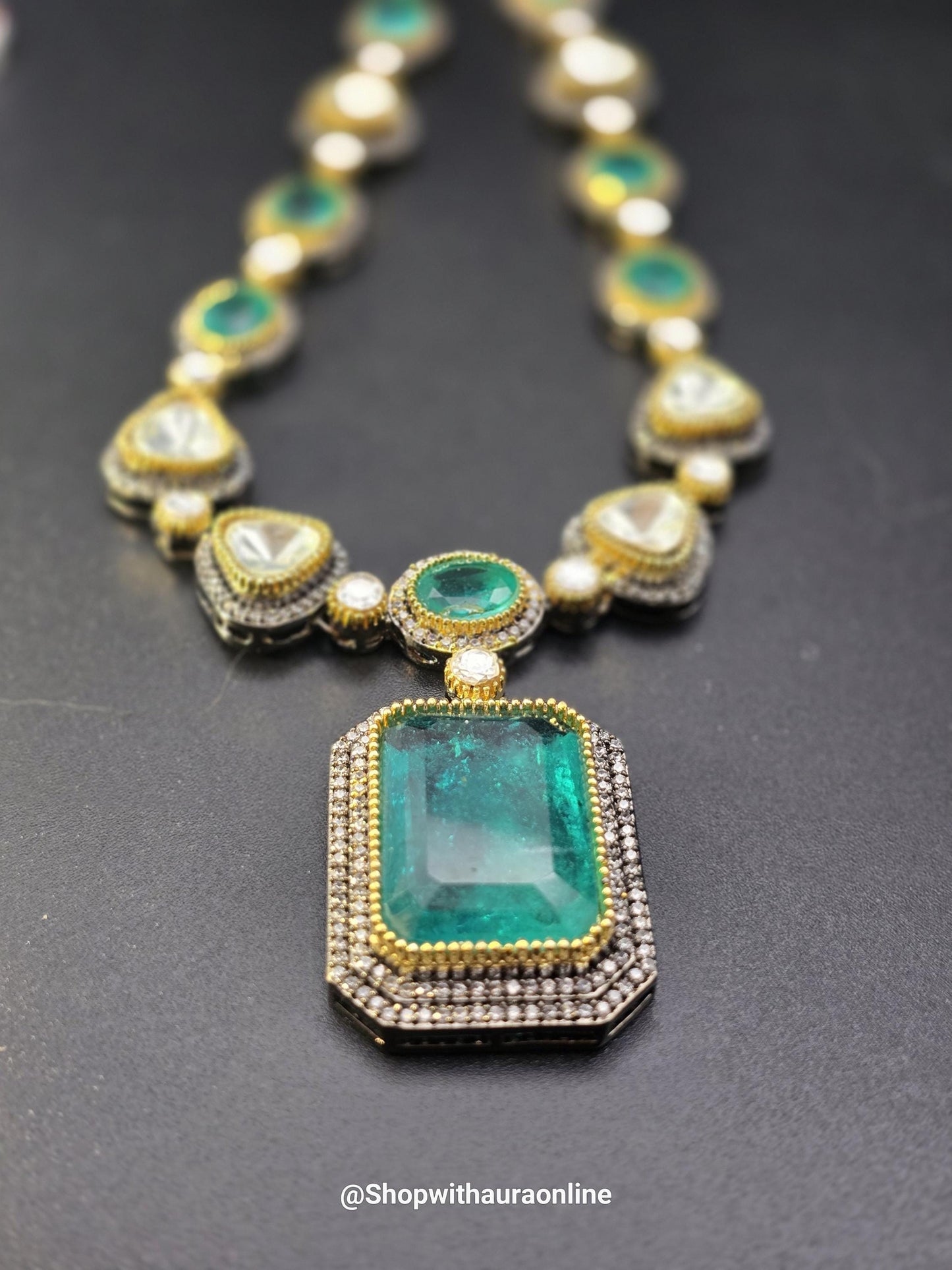 Doublet stone sea green necklace set with Mossanite, American diamonds adjustable gold polished