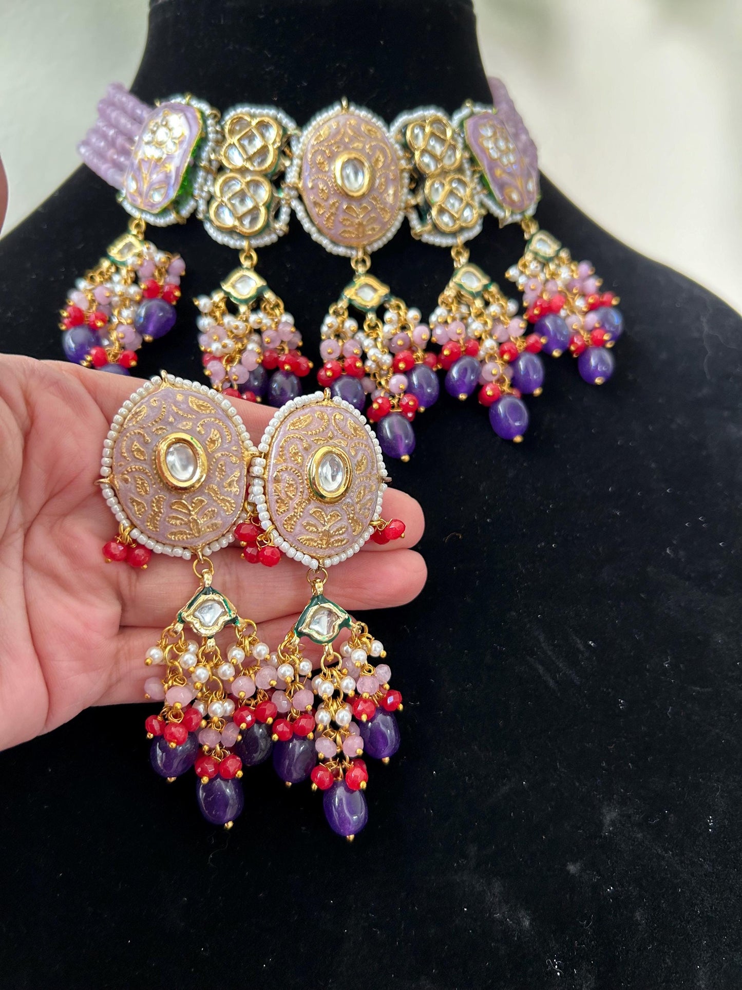 Premium choker necklace set with maang tikka, adjustable gold polished