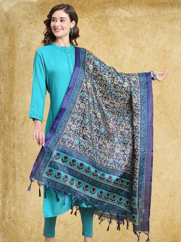 Floral Printed Art Silk Dupatta Blue
