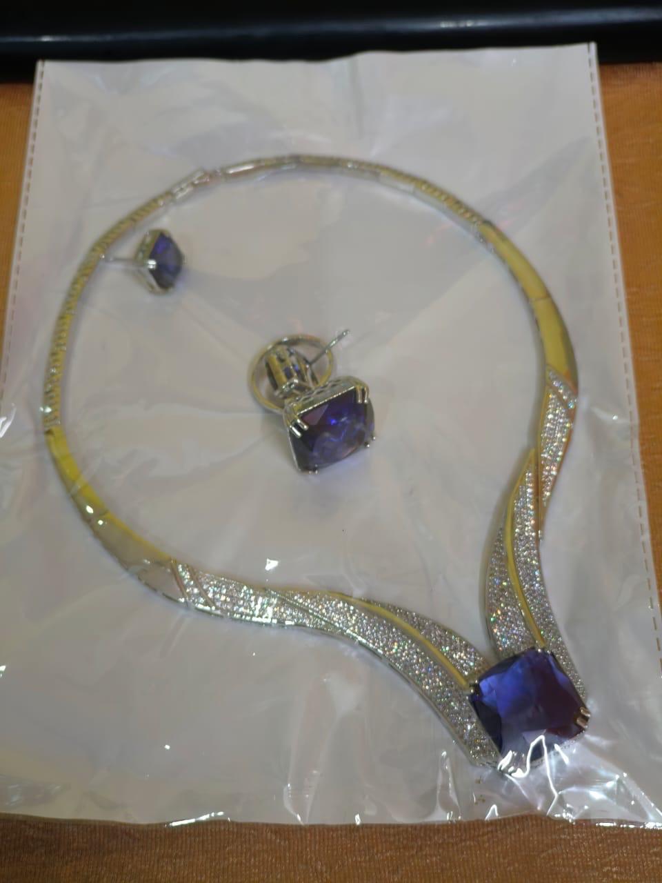 American Diamonds zirconia necklace set blue stones necklace earrings and ring silver