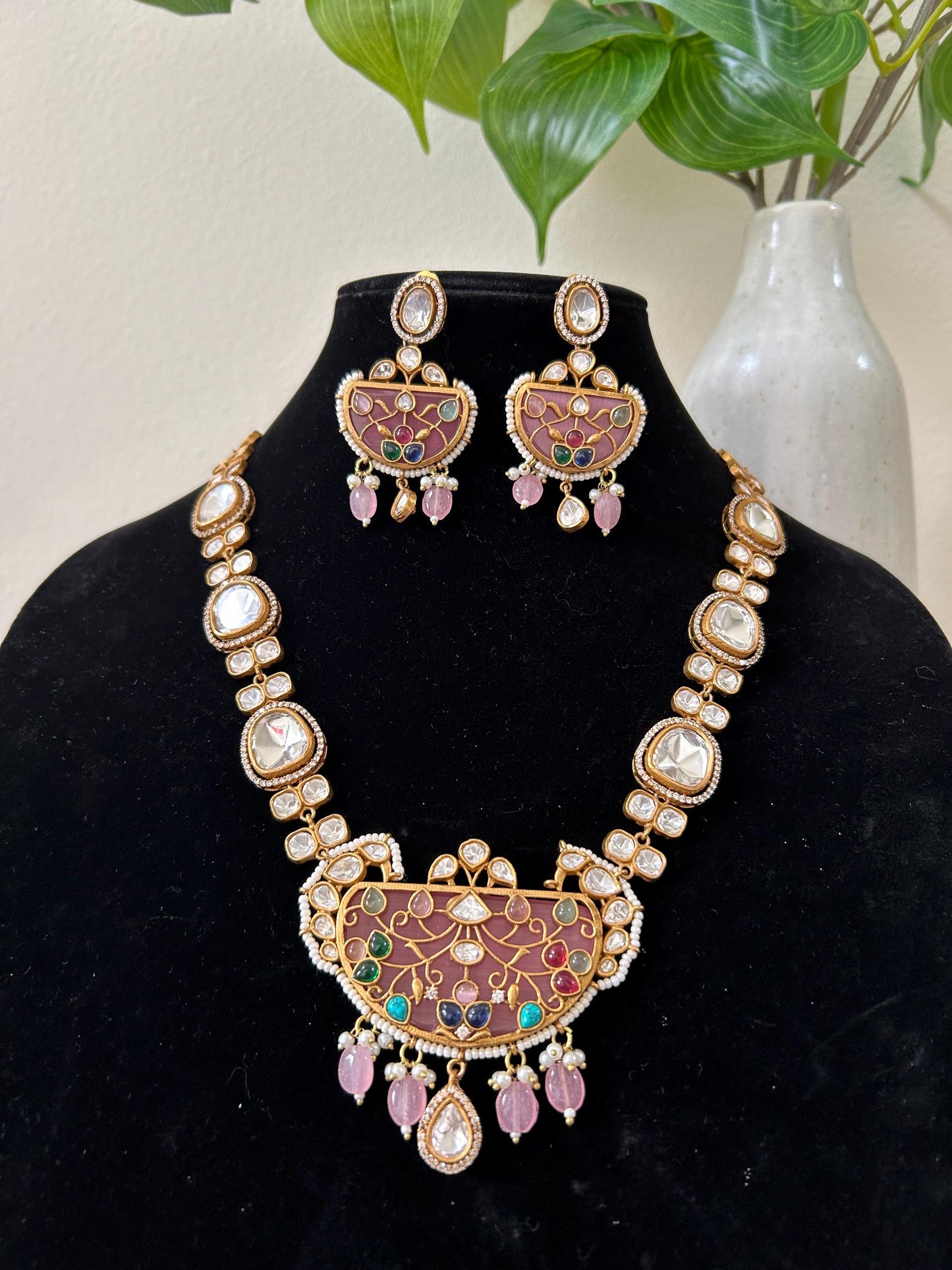 Doublet stone pink with inlay work necklace set with Mossanite, polki American diamonds adjustable gold polished