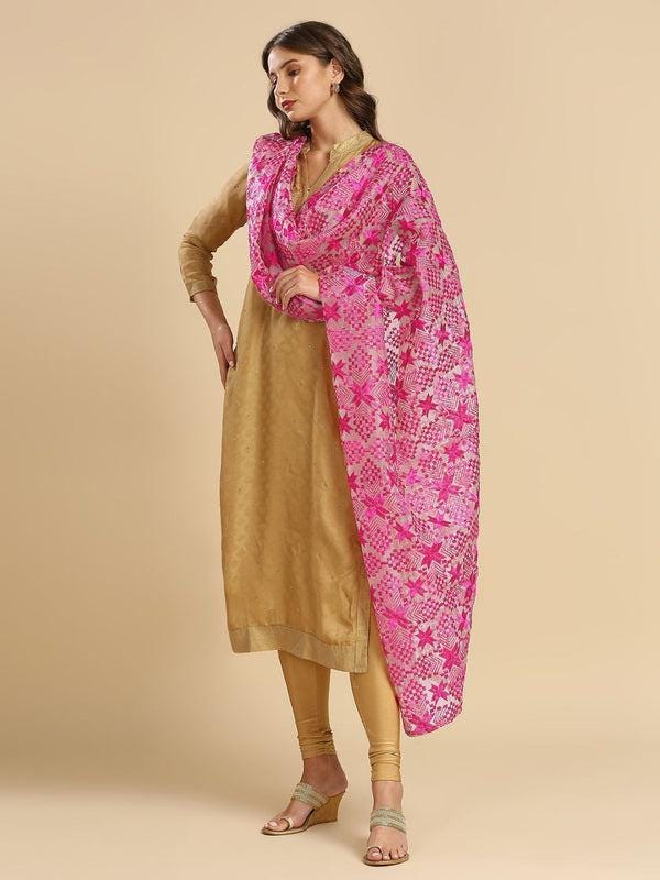 Women's Embroidered Organza Dupatta with Red Phulkari Embroidery stole