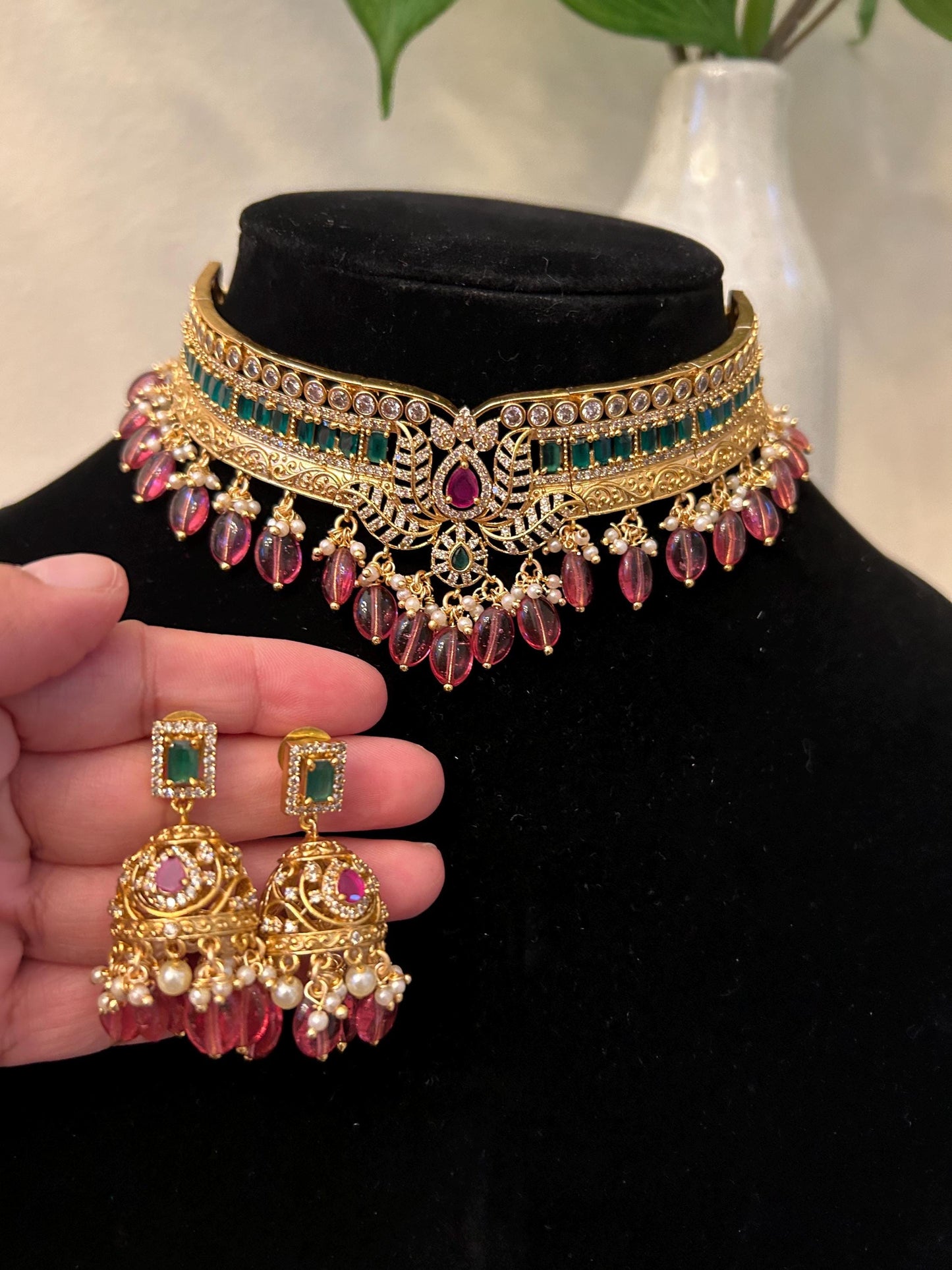 Premium choker necklace set with zirconia diamonds, adjustable gold polished
