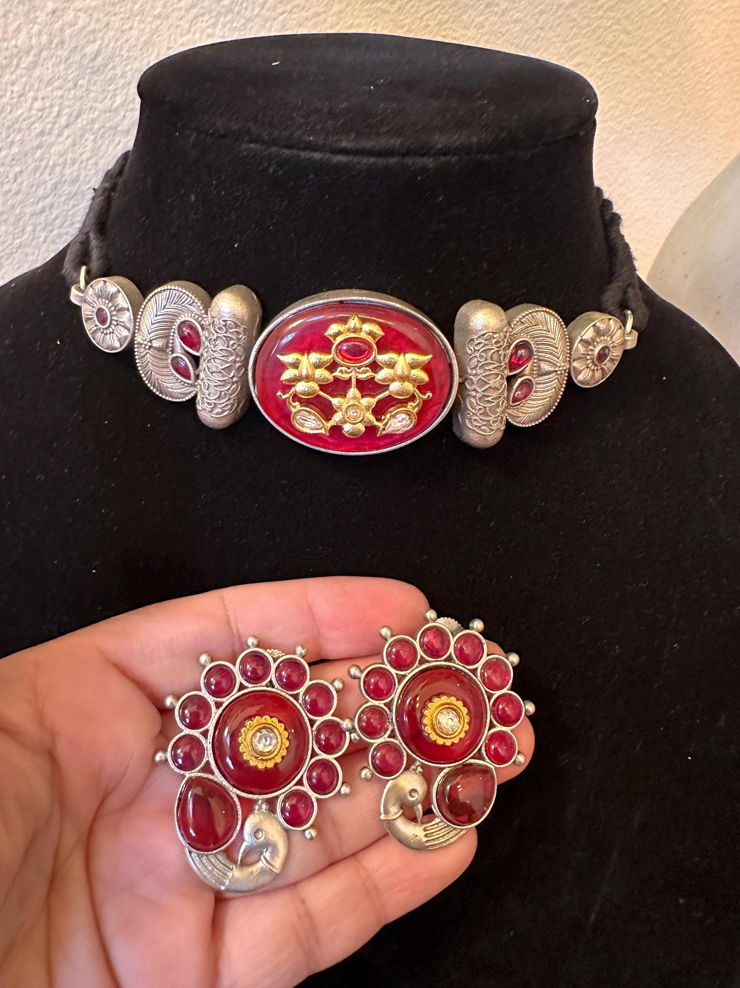 German silver necklace set choker blue, green and red trendy