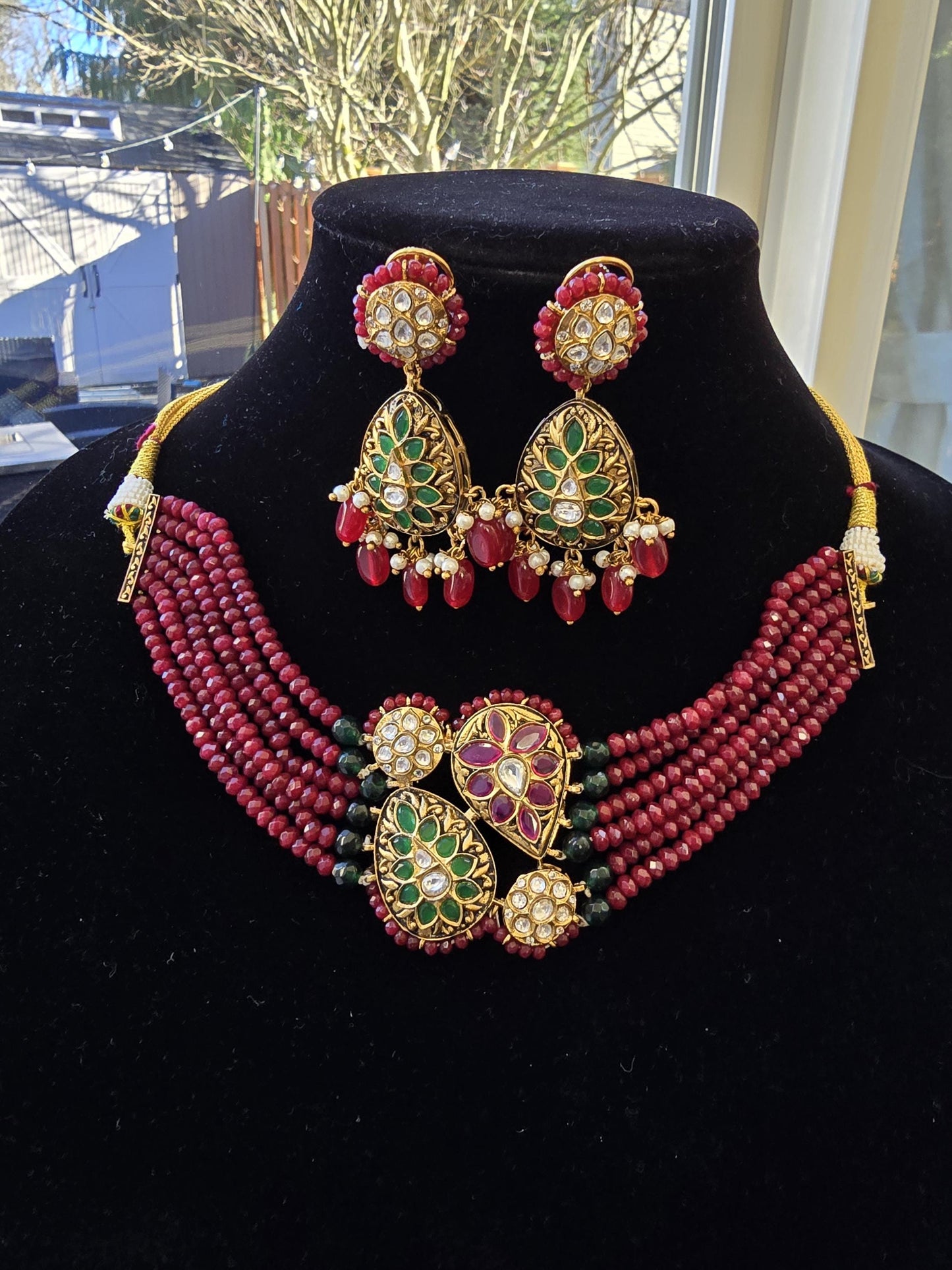 Kareena Kapoor inspired sabya inspired design red choker necklace set with jadau and polki gold polished