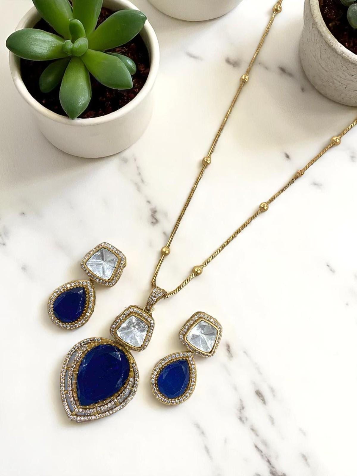 Mossanite, polki, American diamonds chain pendant necklace set adjustable gold polished