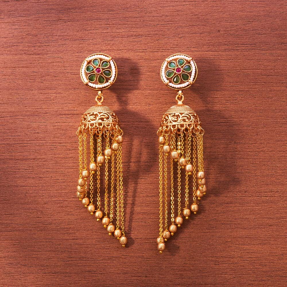 Antique finish Gold jadau jhumka earrings with pearl and chains gold polished trendy
