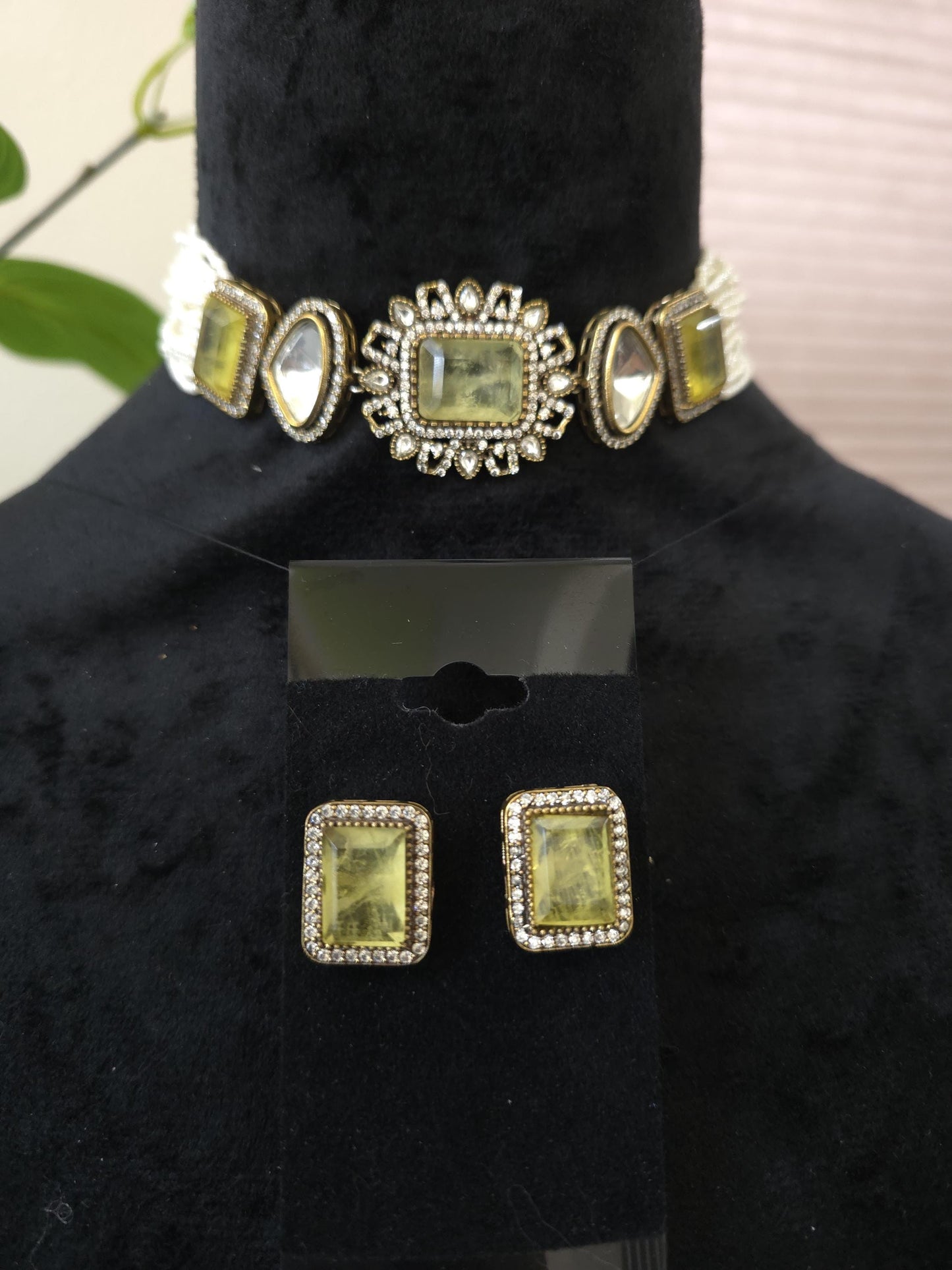 Doublet stone choker necklace set with Mossanite, polki American diamonds, pearls adjustable gold polished