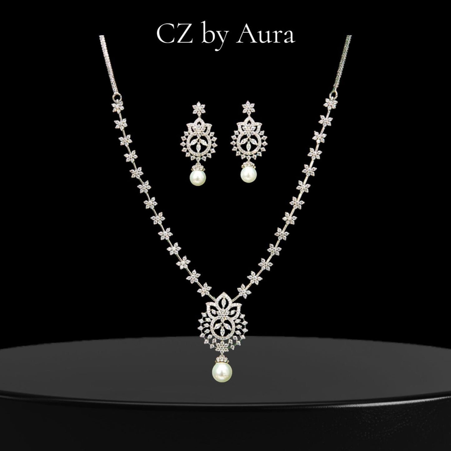 CZ by Aura American Diamonds short necklace set white stones silver polished