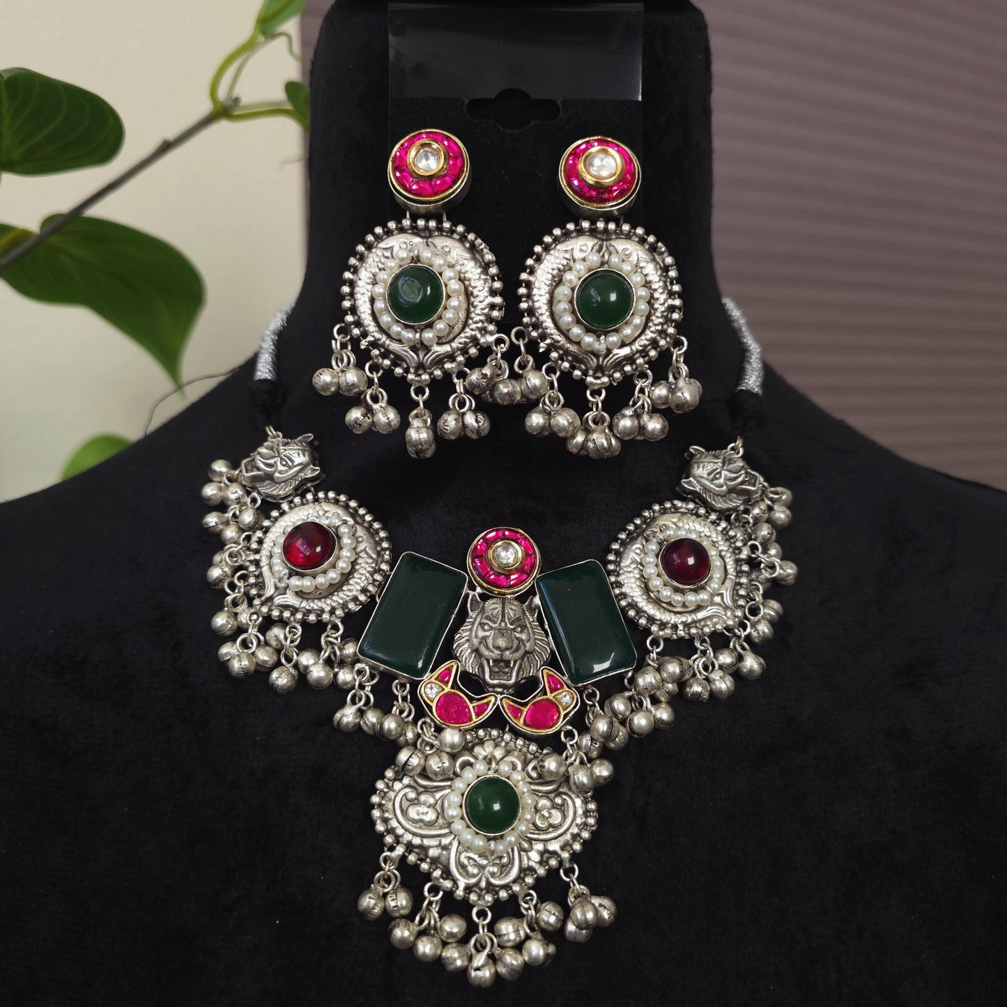 German silver necklace set with doublet stones, polki and pearls sabyasachi inspired