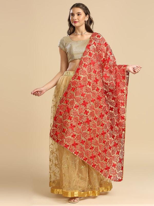 Women's Embroidered Organza Dupatta with Red Phulkari Embroidery stole