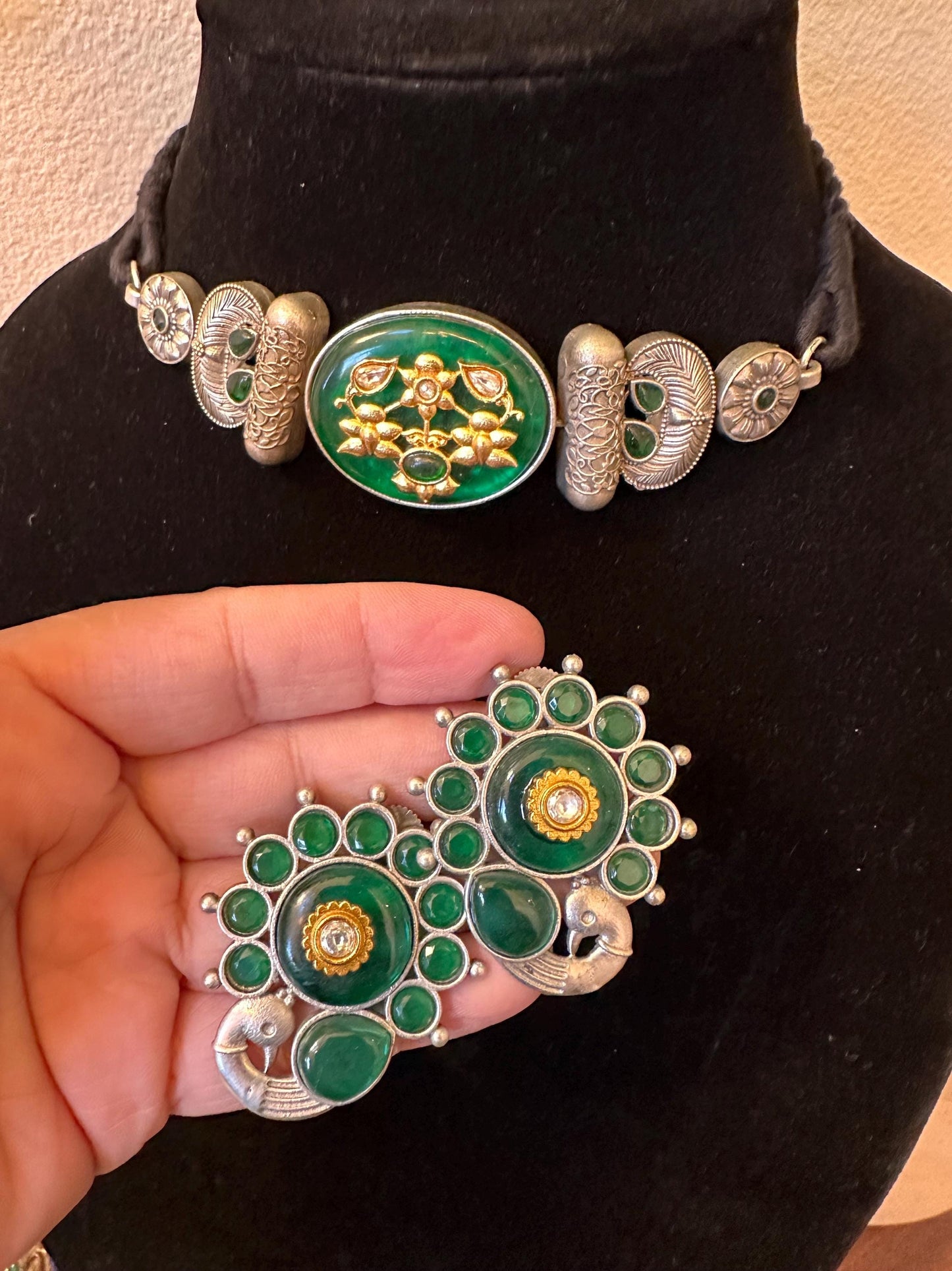 German silver necklace set choker blue, green and red trendy