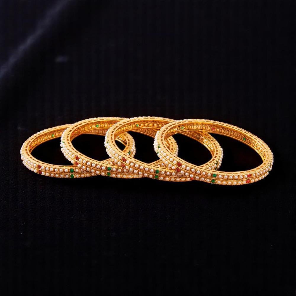 Pearl bangles with ruby and emerald stone work gold polished set of 4