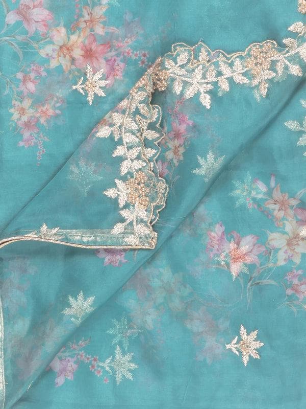 Digitally Printed & Embroidered Teal Organza Dupatta stole