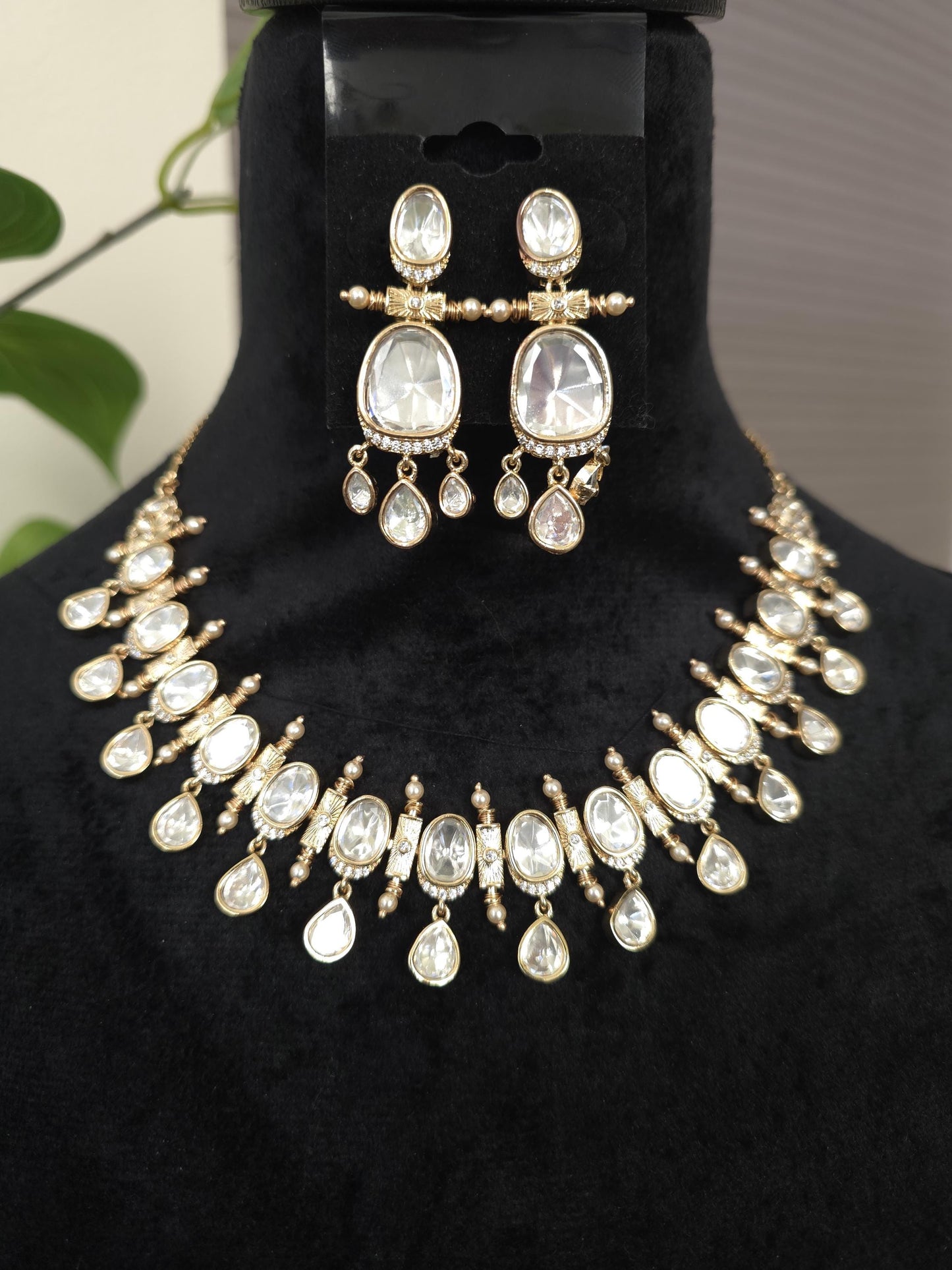 Mossanite Polki necklace set, American diamonds, adjustable gold polished