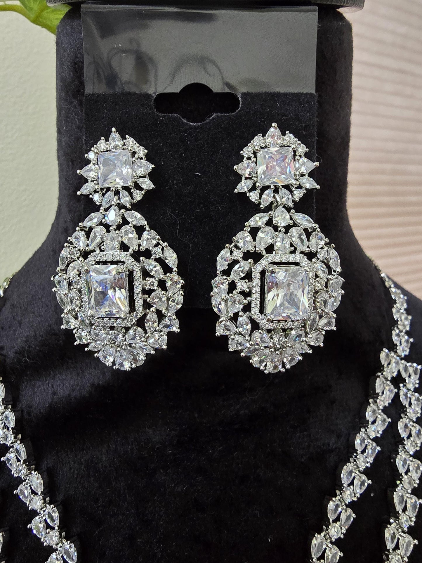 American diamonds long layered necklace set adjustable silver polished