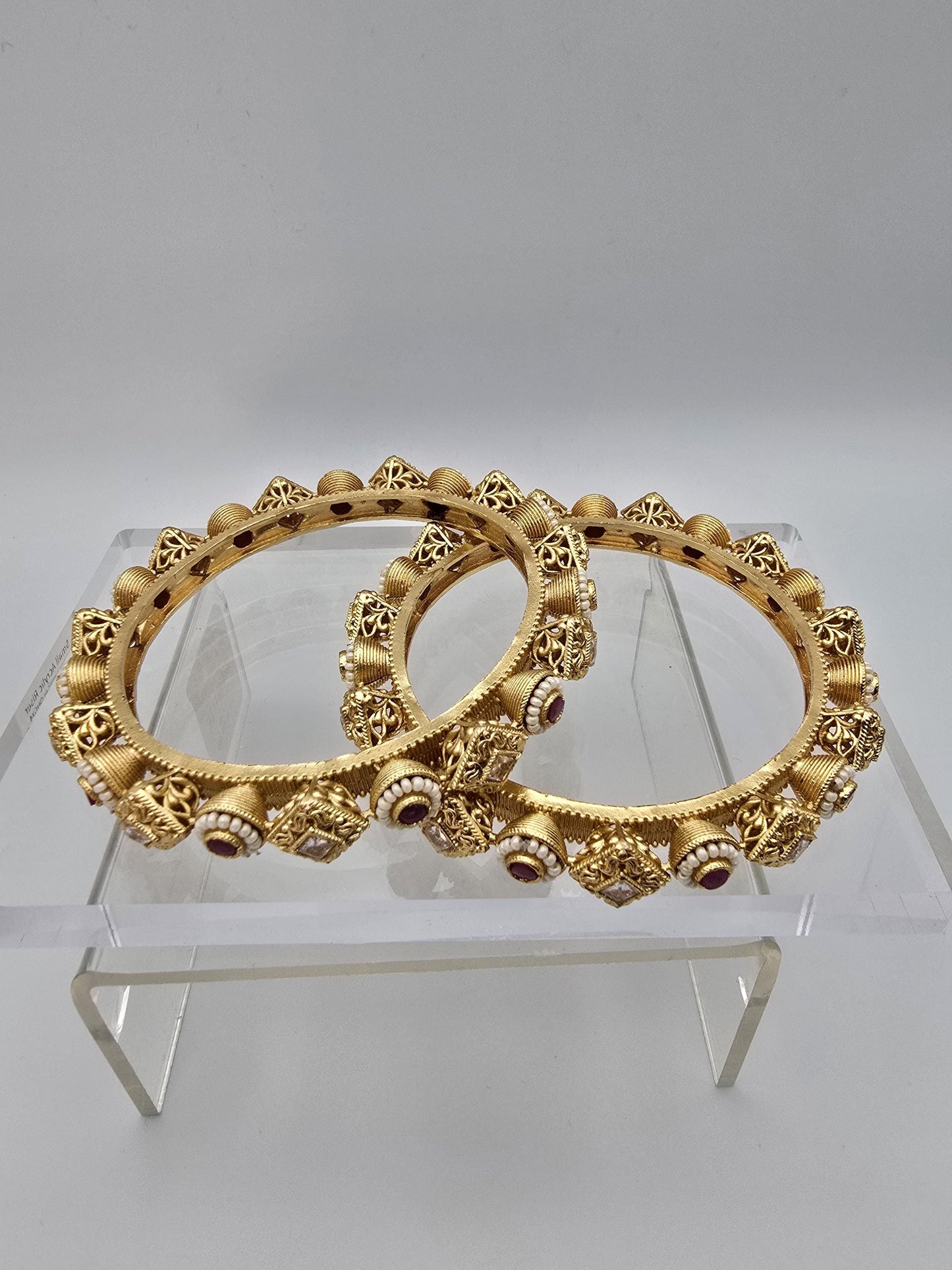 2.4 size Antique gold polished jadau bangles with pearls