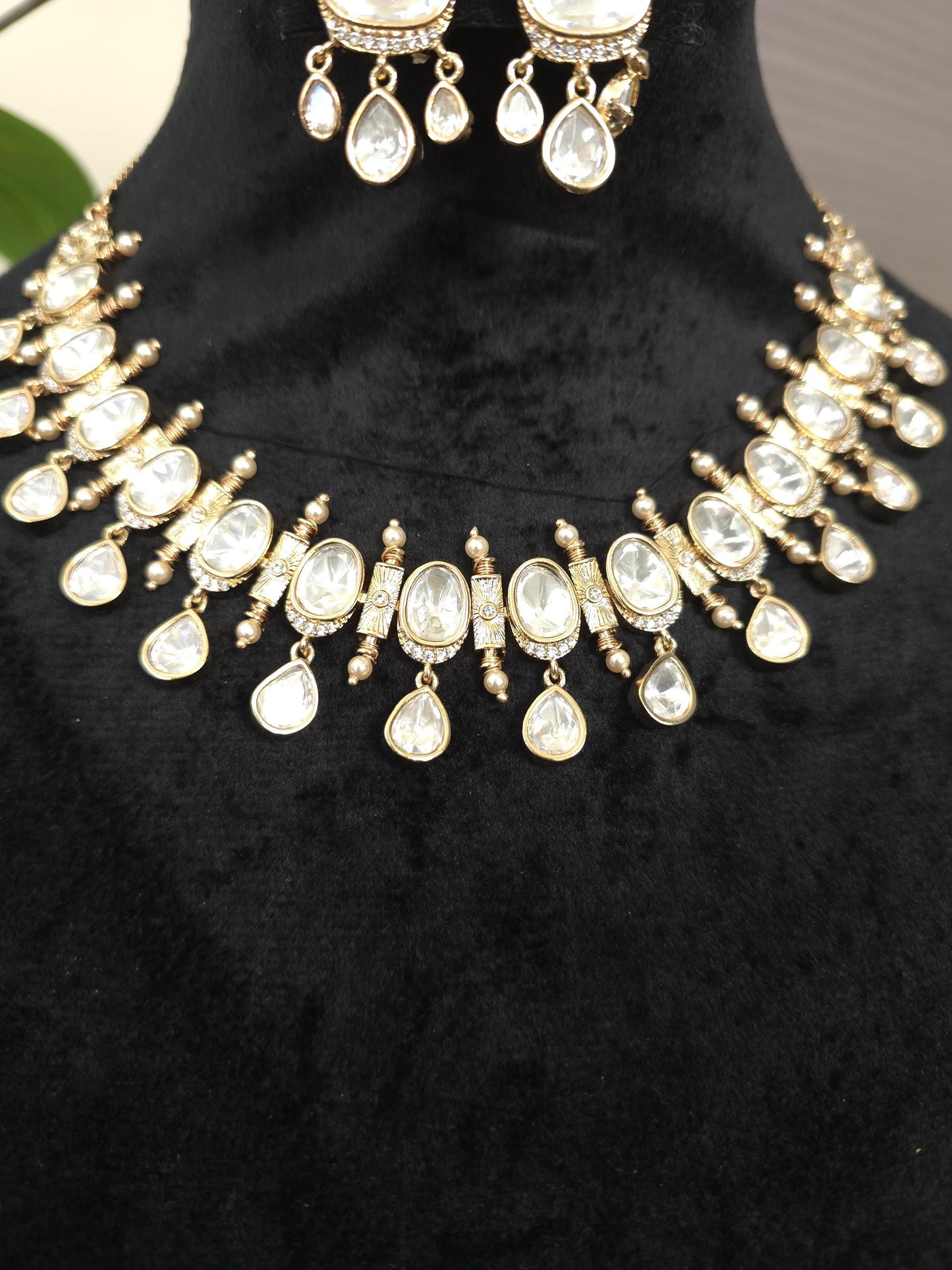 Mossanite Polki necklace set, American diamonds, adjustable gold polished