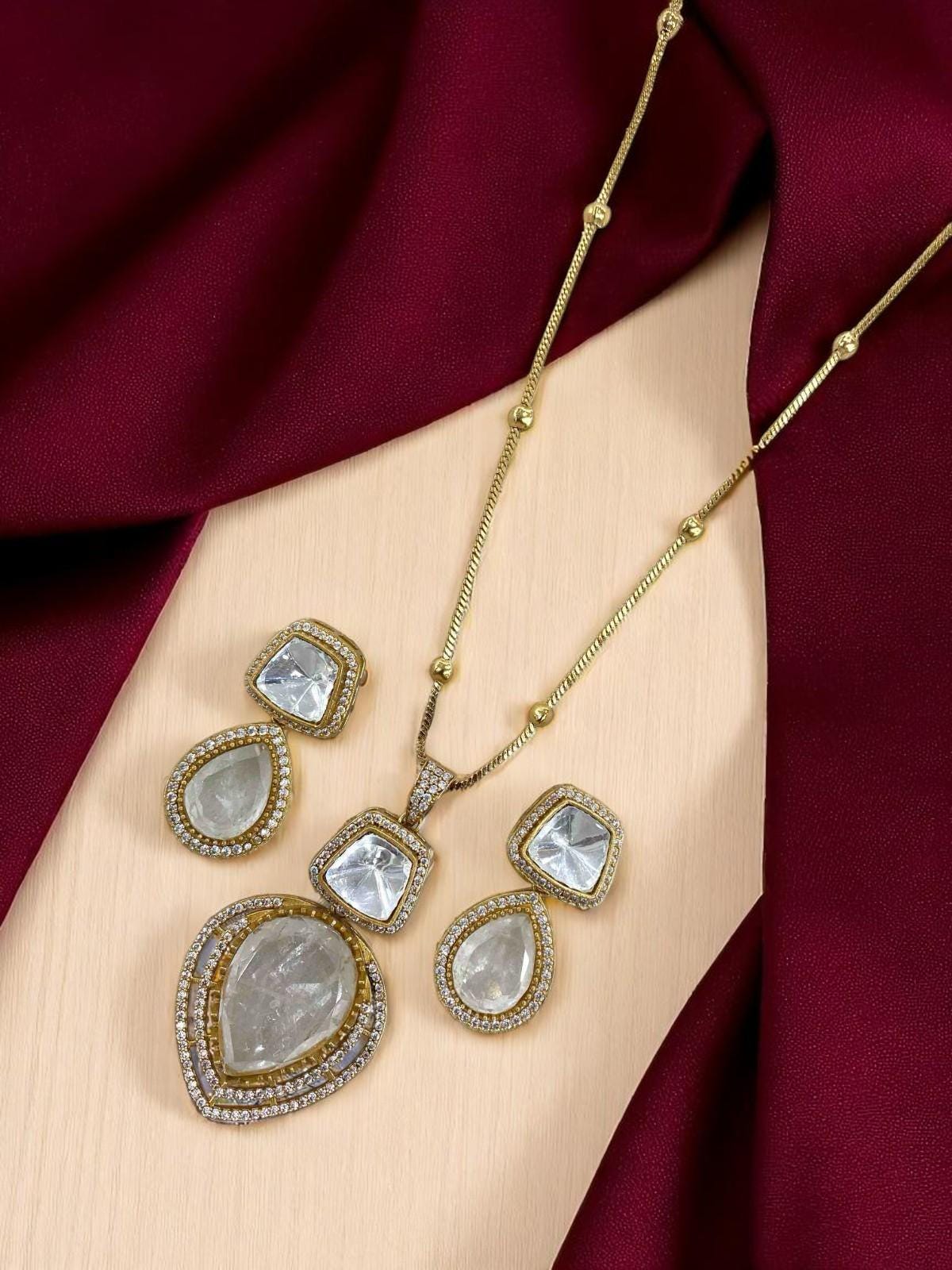 Mossanite, polki, American diamonds chain pendant necklace set adjustable gold polished